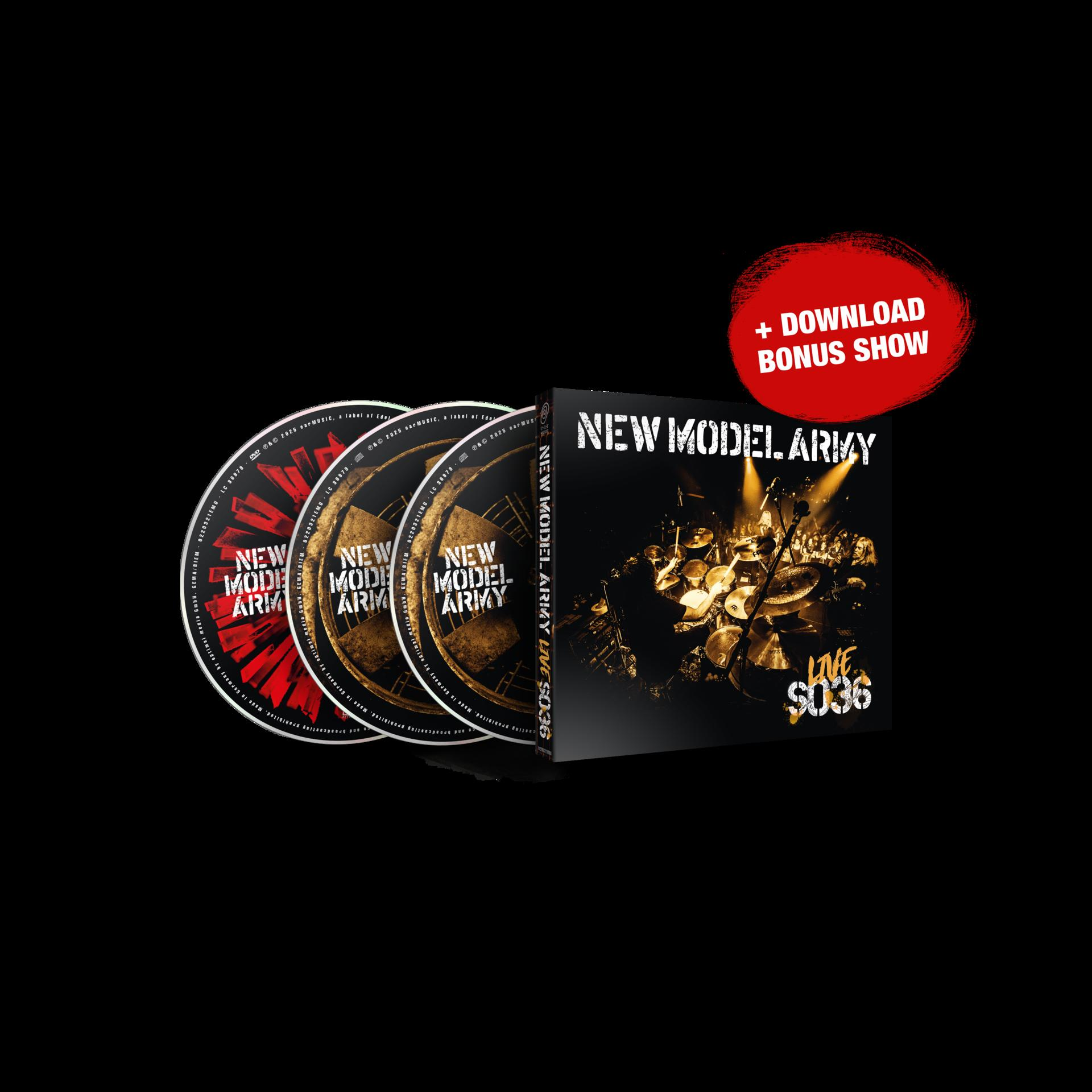 CD-Hülle mit 3 CDs. Auf dem Cover steht 'NEW MODEL ARMY LIVE S036', mit einem Bonus-Show-Aufkleber.