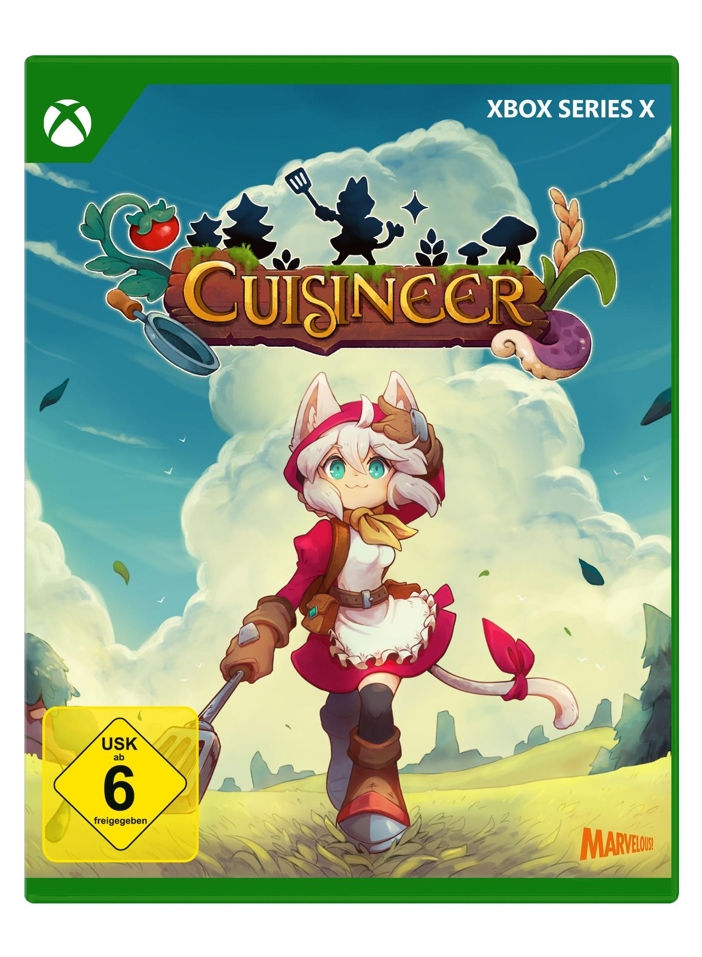 Spielbox-Art. Ein Mädchen in roter Kleidung mit einer Schaufel auf einem Feld mit blauem Himmel.