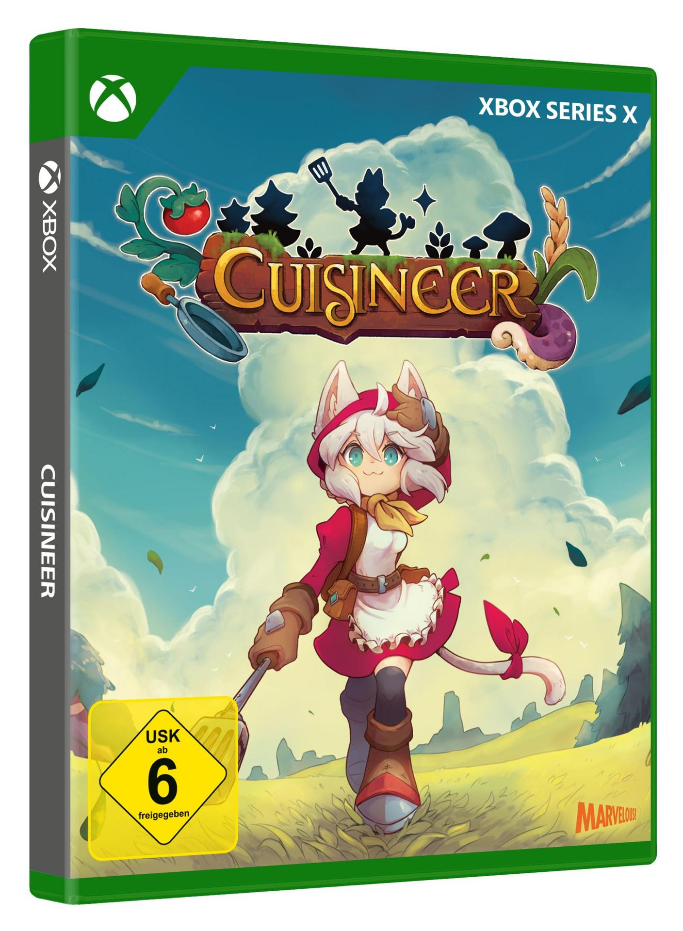 Eine Videospielverpackung für 'Cuisineer' mit einem Charakter im Anime-Stil mit Kochthema.