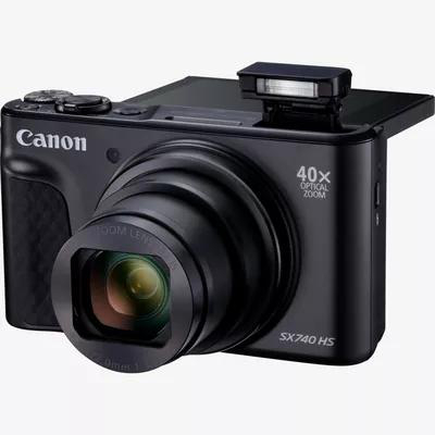 Schwarze Canon Kamera mit 40x optischem Zoom und Pop-up Blitz.