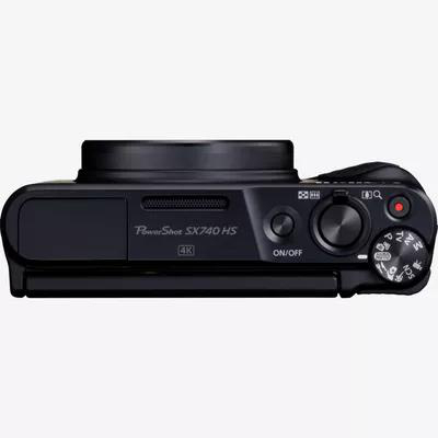 Schwarze Digitalkamera, Draufsicht, mit Knöpfen und einem Objektiv.