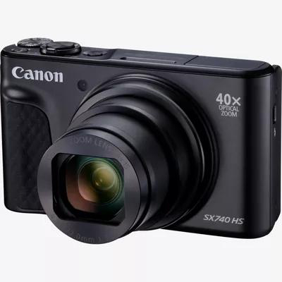 Schwarze Canon Kamera mit Zoomobjektiv. 40x optischer Zoom. Weißer Text.