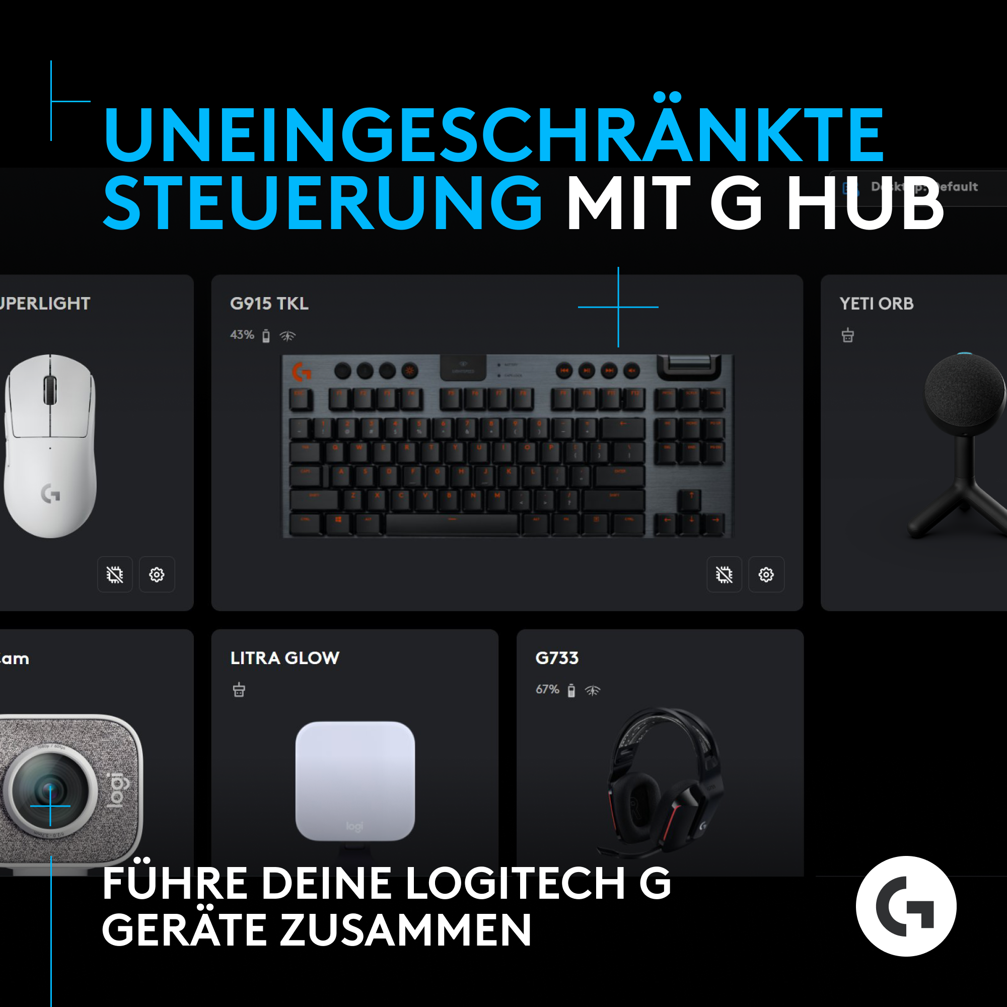 Logitech G-Produkte werden angezeigt. Eine Maus, Tastatur, Webcam, Mikrofon und Licht.