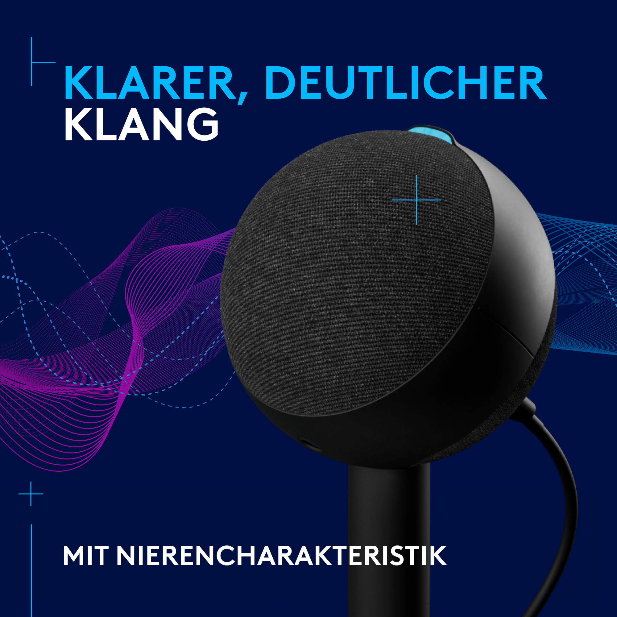 Ein schwarzer intelligenter Lautsprecher mit Mesh-Gewebe. Der Lautsprecher steht auf einem Ständer, blauer Hintergrund.