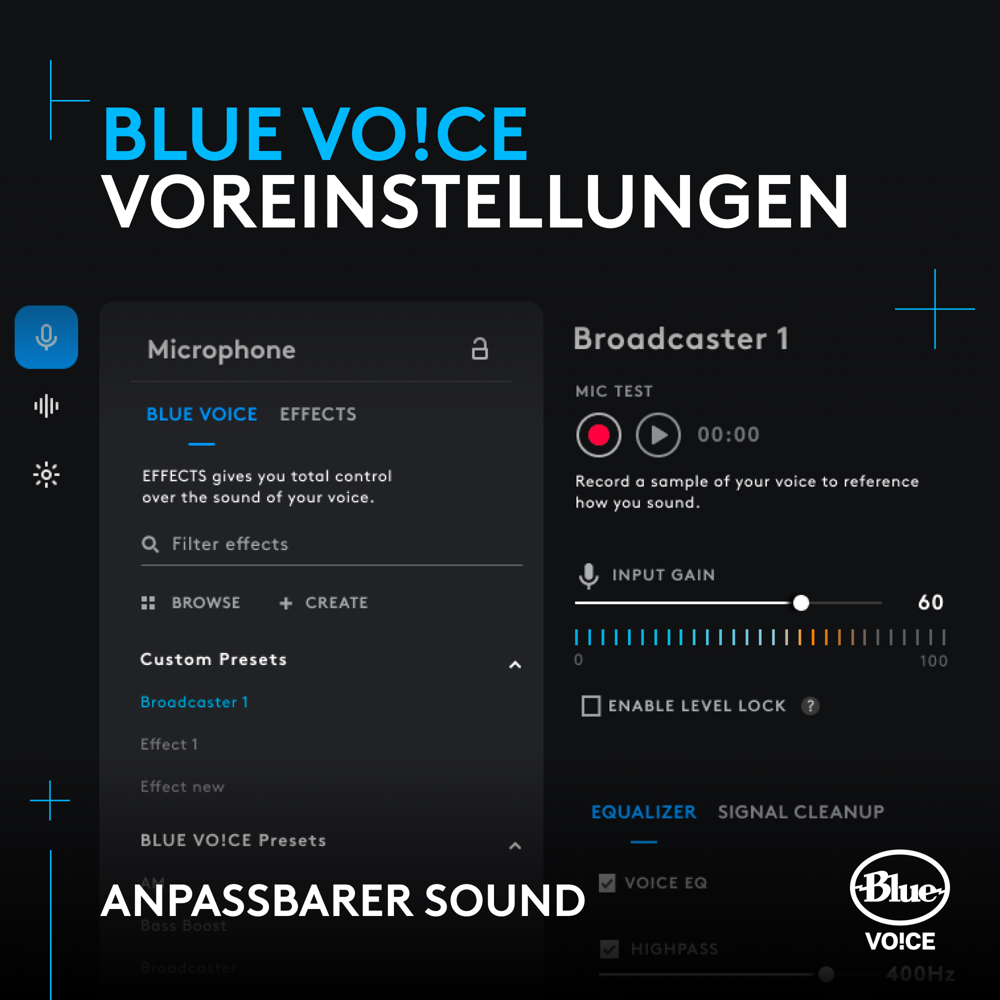 Eine Blue Voice-Oberfläche zeigt Mikrofoneinstellungen und einen Sprachaufnahmetest.