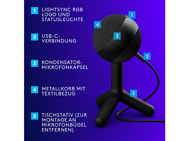 Logitech G Yeti Orb Lightsync, RGB Gaming USB-Mikrofon und Blue VO!CE, USB, Schwarz; USB-Gaming-Mikrofon — Foto 4 von 5