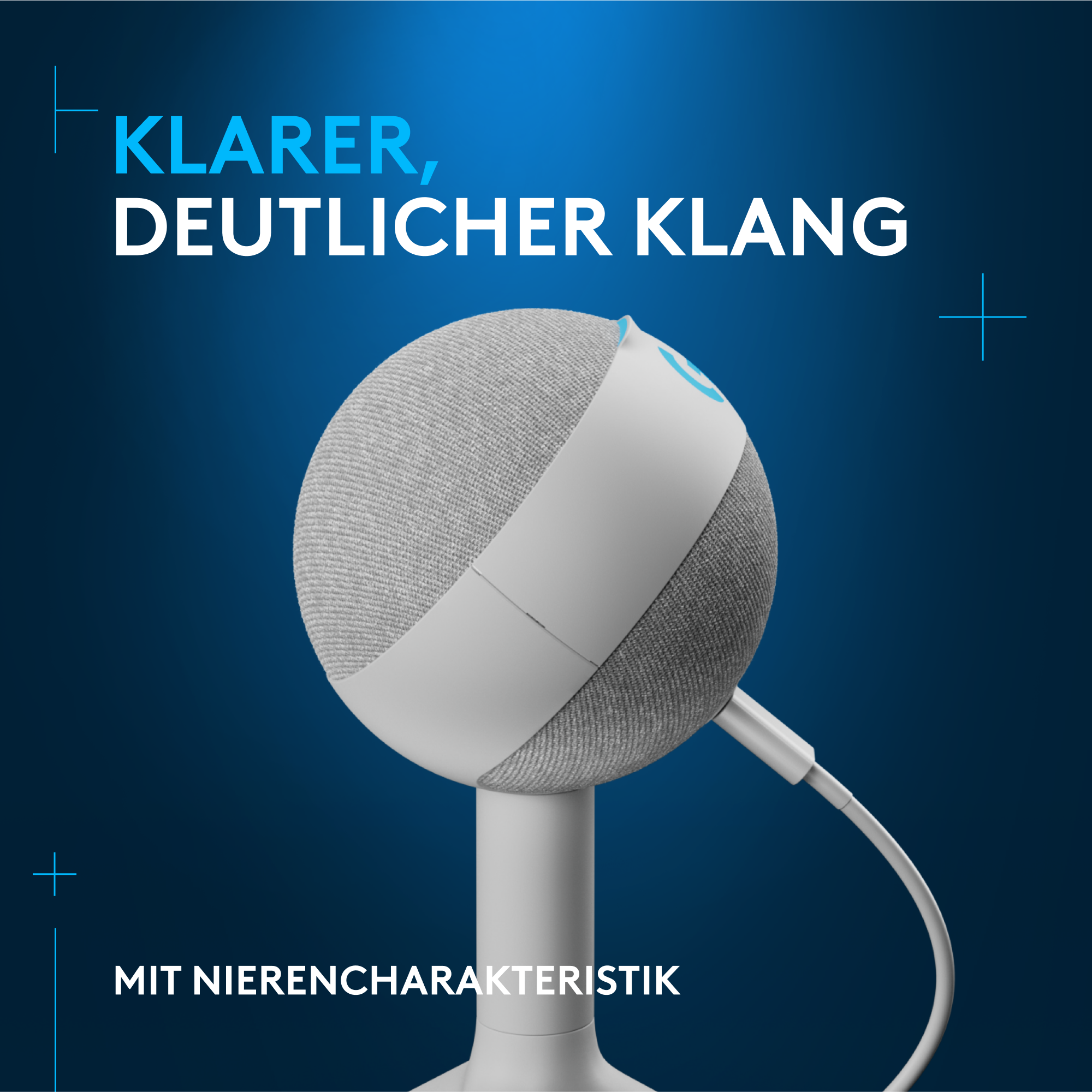 Weißer Lautsprecher auf weißem Ständer, blauer Hintergrund mit Text.
