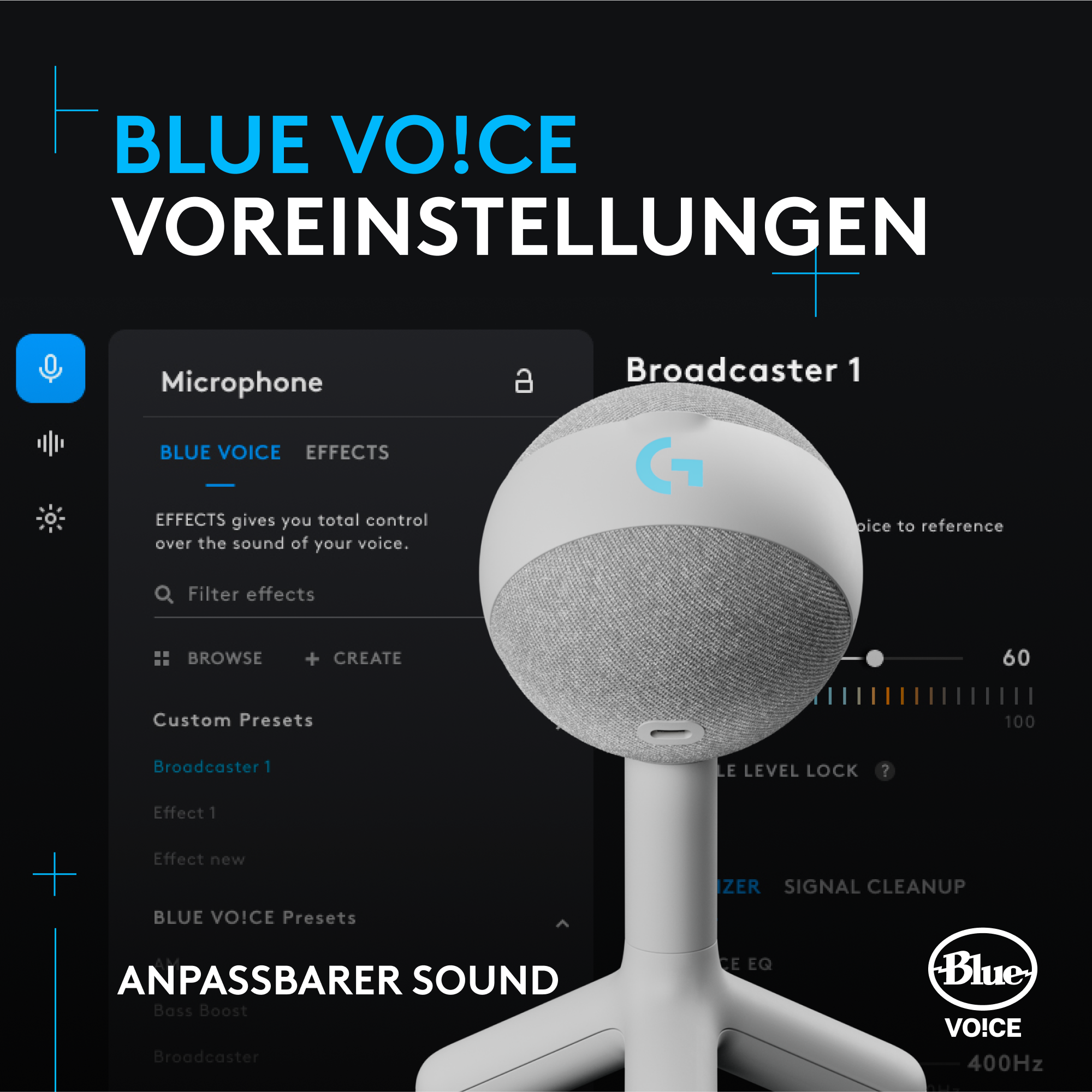 Weißes Mikrofon auf Ständer, mit Einstellungen auf dem Bildschirm und blauem Voice-Logo.