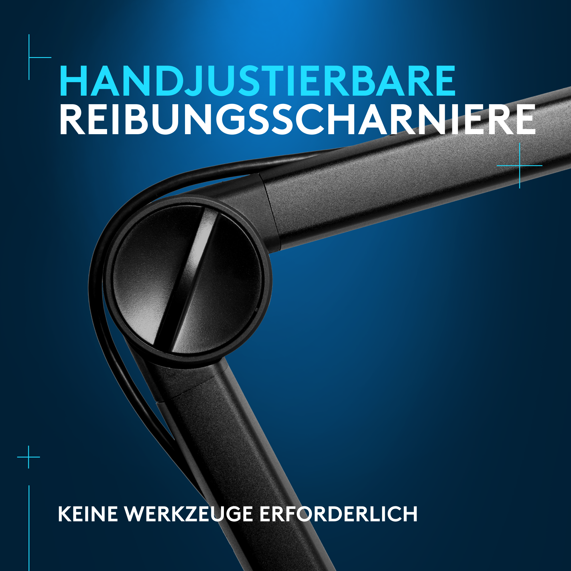 Schwarzer Roboterarm mit Gelenk. Text-Overlay. Blauer Hintergrund.