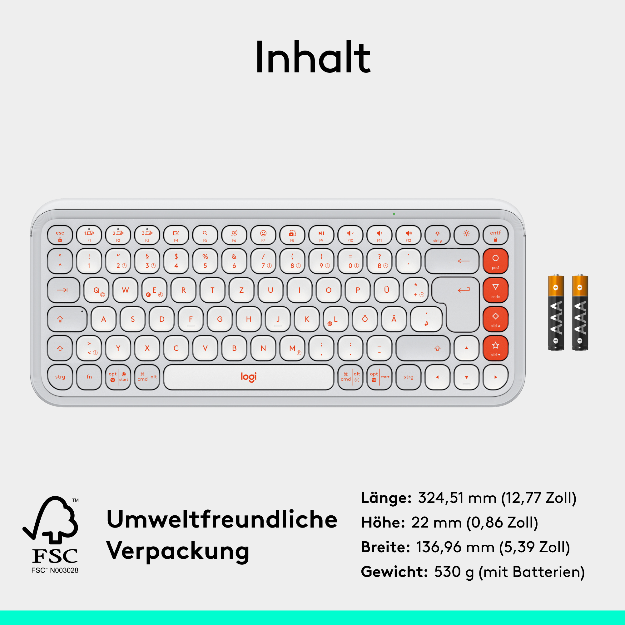 Weiße Tastatur mit roten Tasten und Logi-Logo, neben Batterien und FSC-Logo.