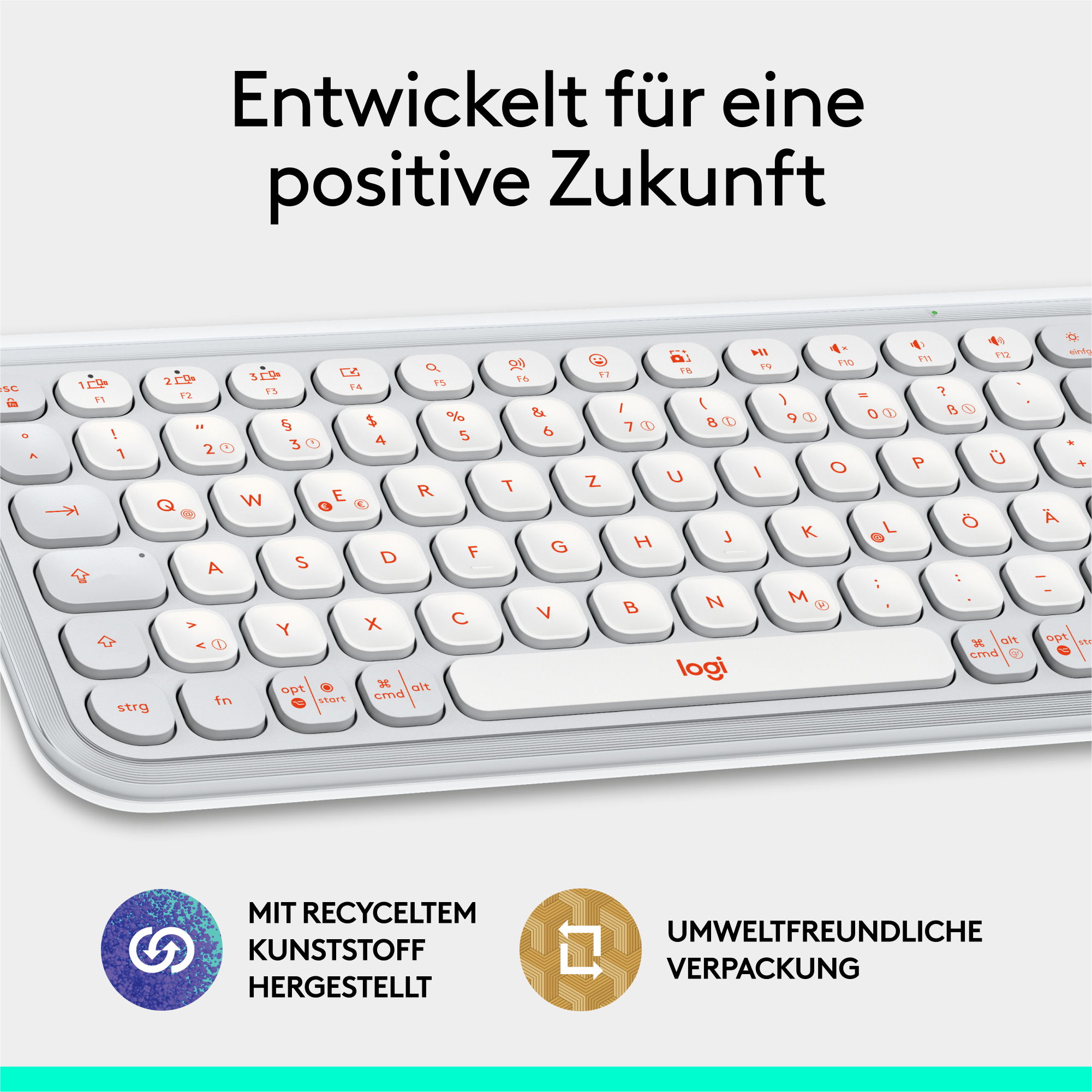Eine weiße Tastatur mit roten Buchstaben. Das Logo 'Logi' befindet sich in der Mitte.