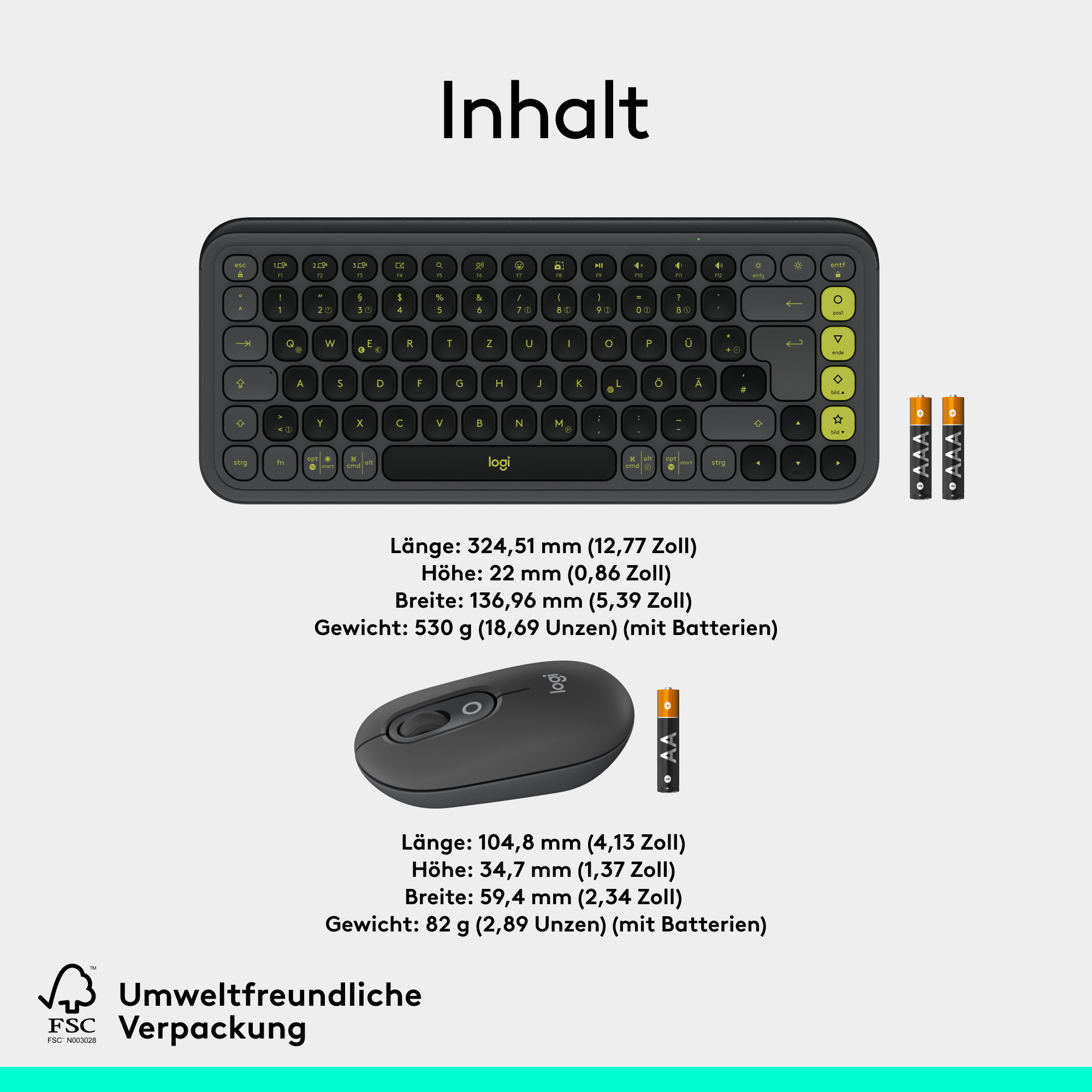 Eine Tastatur und Maus mit Abmessungen und Gewicht.