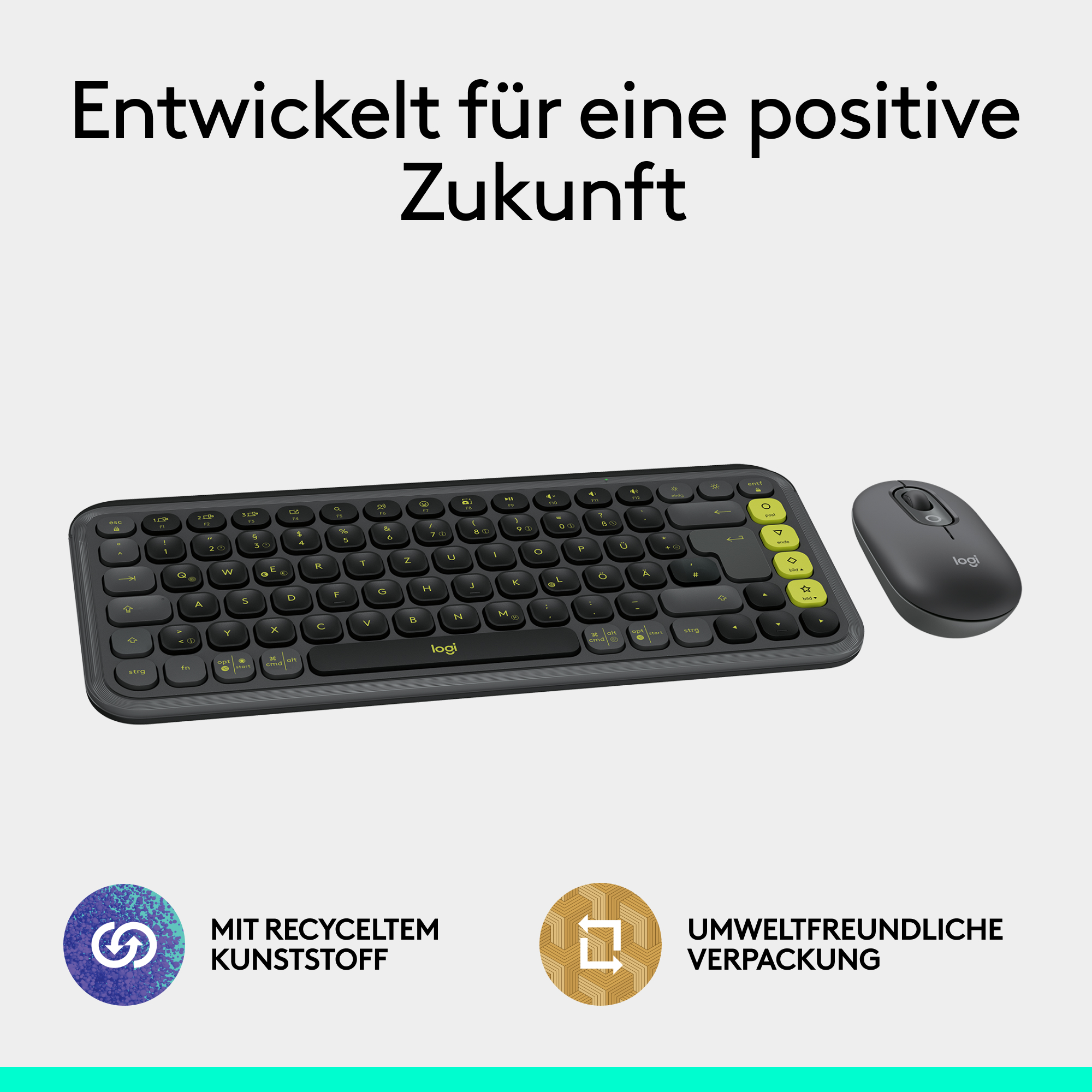Kabelloses Tastatur- und Maus-Set in Dunkelgrau mit grünen Akzenten auf den Tasten.