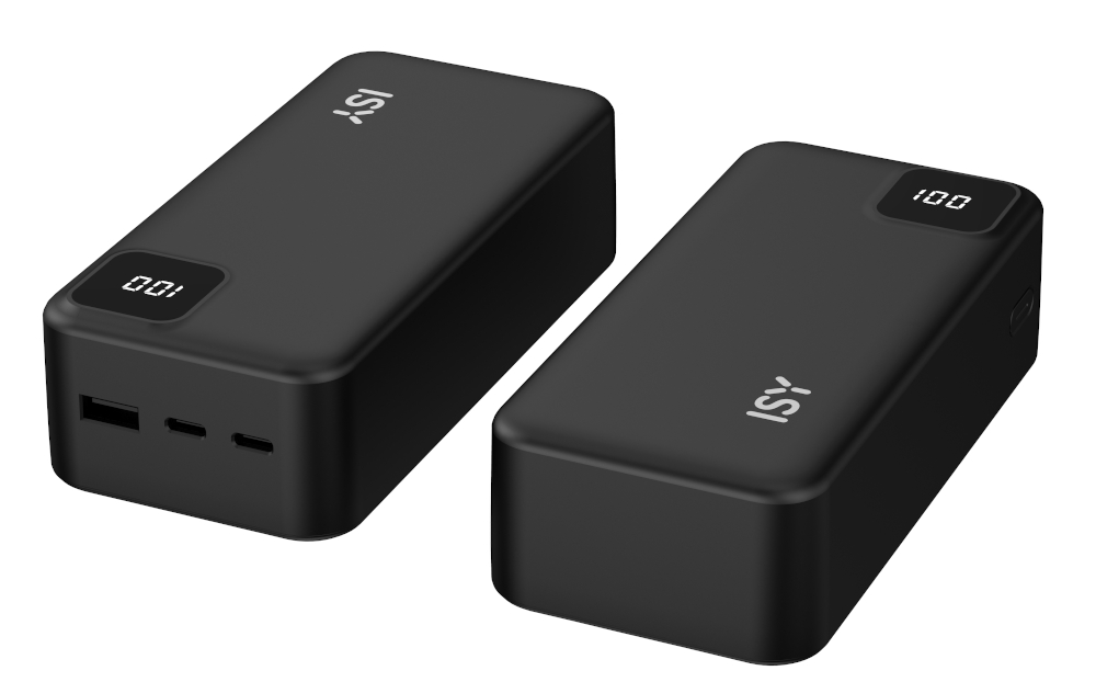 Dwa czarne powerbanki z wyświetlaczami cyfrowymi pokazującymi 001 i 100.