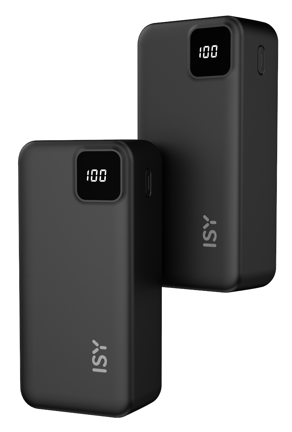 Dwa czarne power banki z wyświetlaczem pokazującym 100. Widoczne logo ISY.
