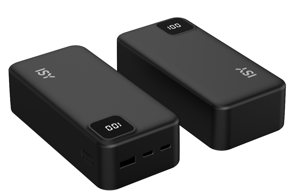 Dwa czarne power banki z wyświetlaczami cyfrowymi pokazującymi 100, na białej powierzchni.
