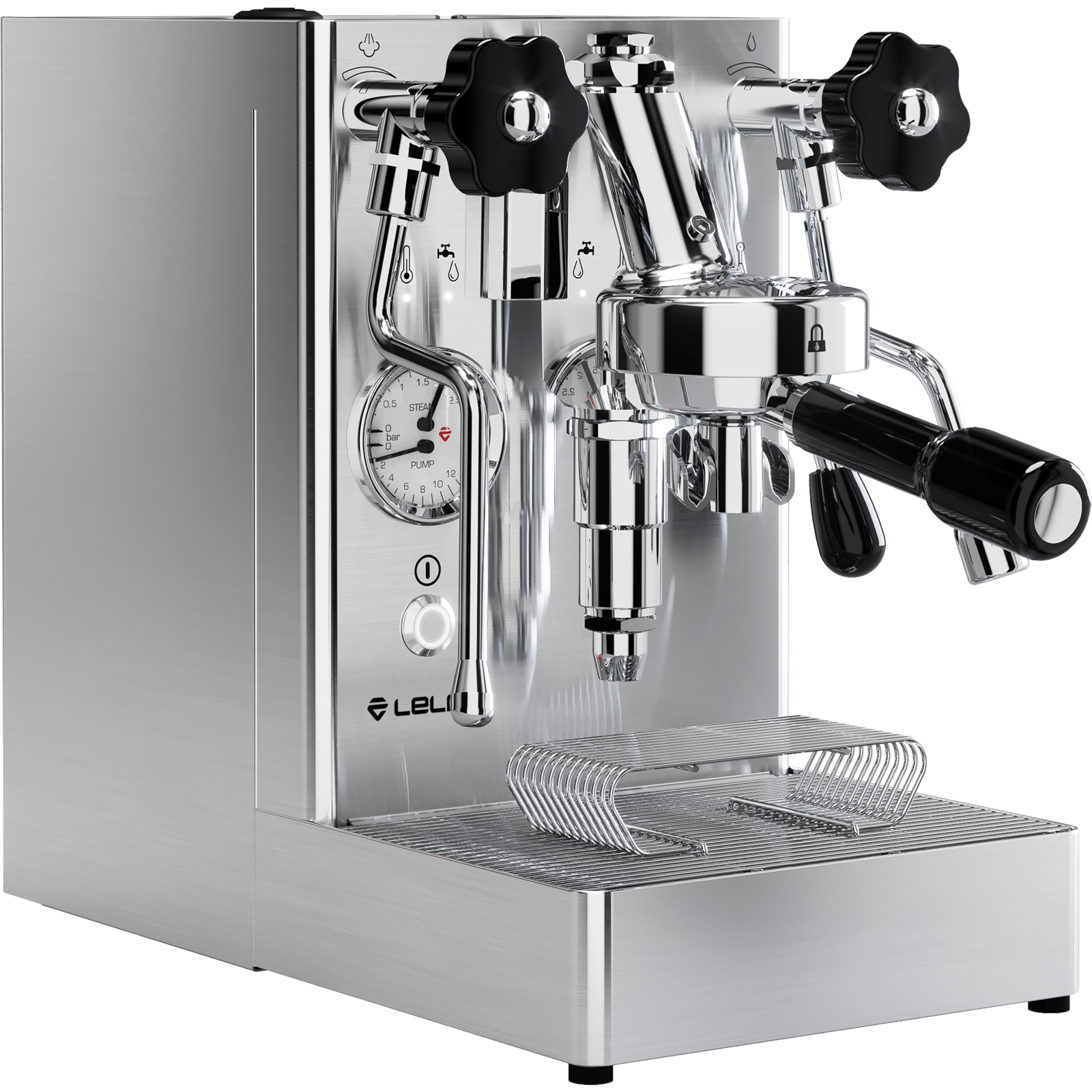 Glänzende silberne Espressomaschine mit schwarzen Knöpfen und Manometer.