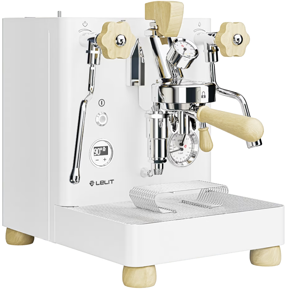 Eine weiße Espressomaschine mit Holzakzenten und einer metallischen Oberfläche.
