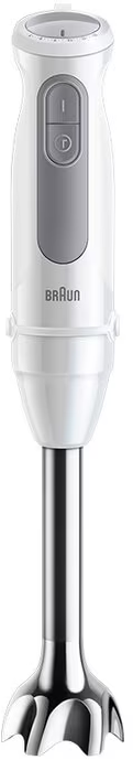 Weißer Braun-Stabmixer mit silberfarbener Mixwelle.