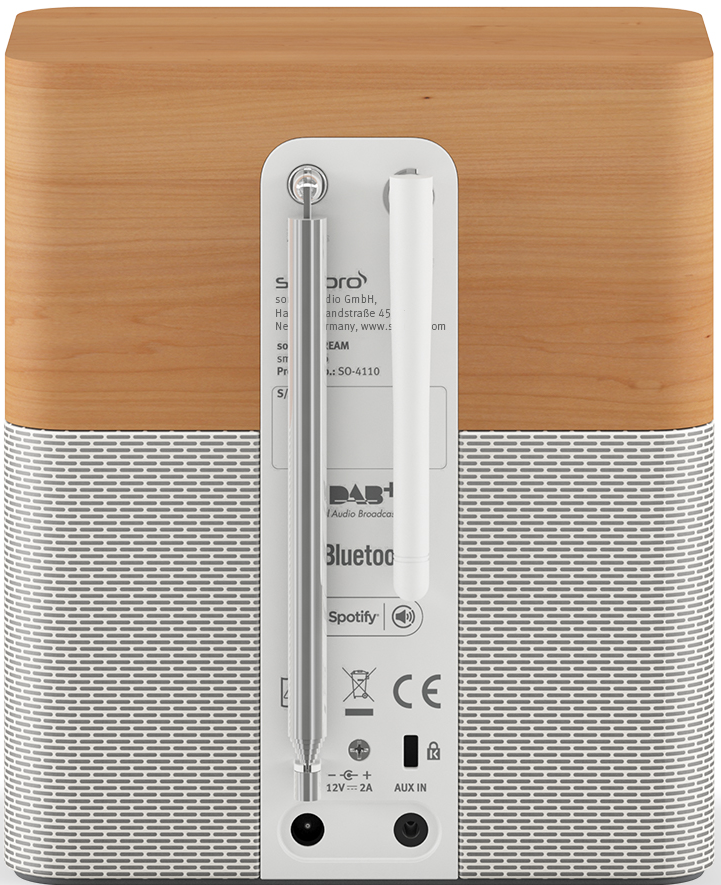 Rückseite eines Holzradios. Antennen und Anschlüsse sichtbar. Text: DAB+ Bluetooth.
