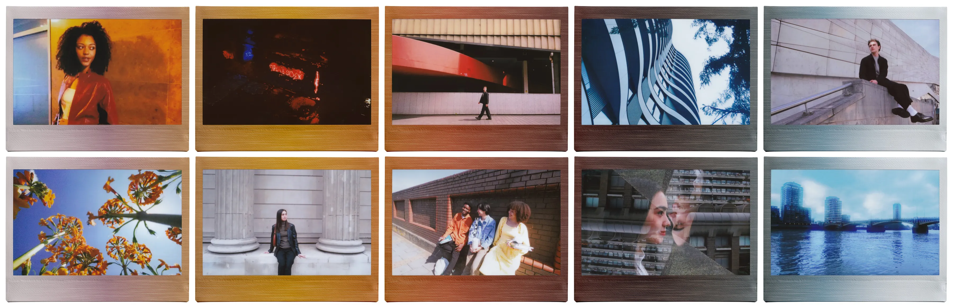 Une série de dix photographies encadrées avec des sujets divers, dont des portraits, des paysages urbains et des compositions abstraites.
