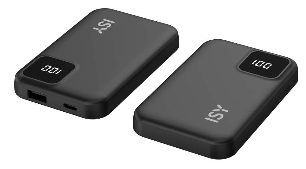 Dwa czarne power banki z wyświetlaczem cyfrowym pokazującym 100% naładowania.