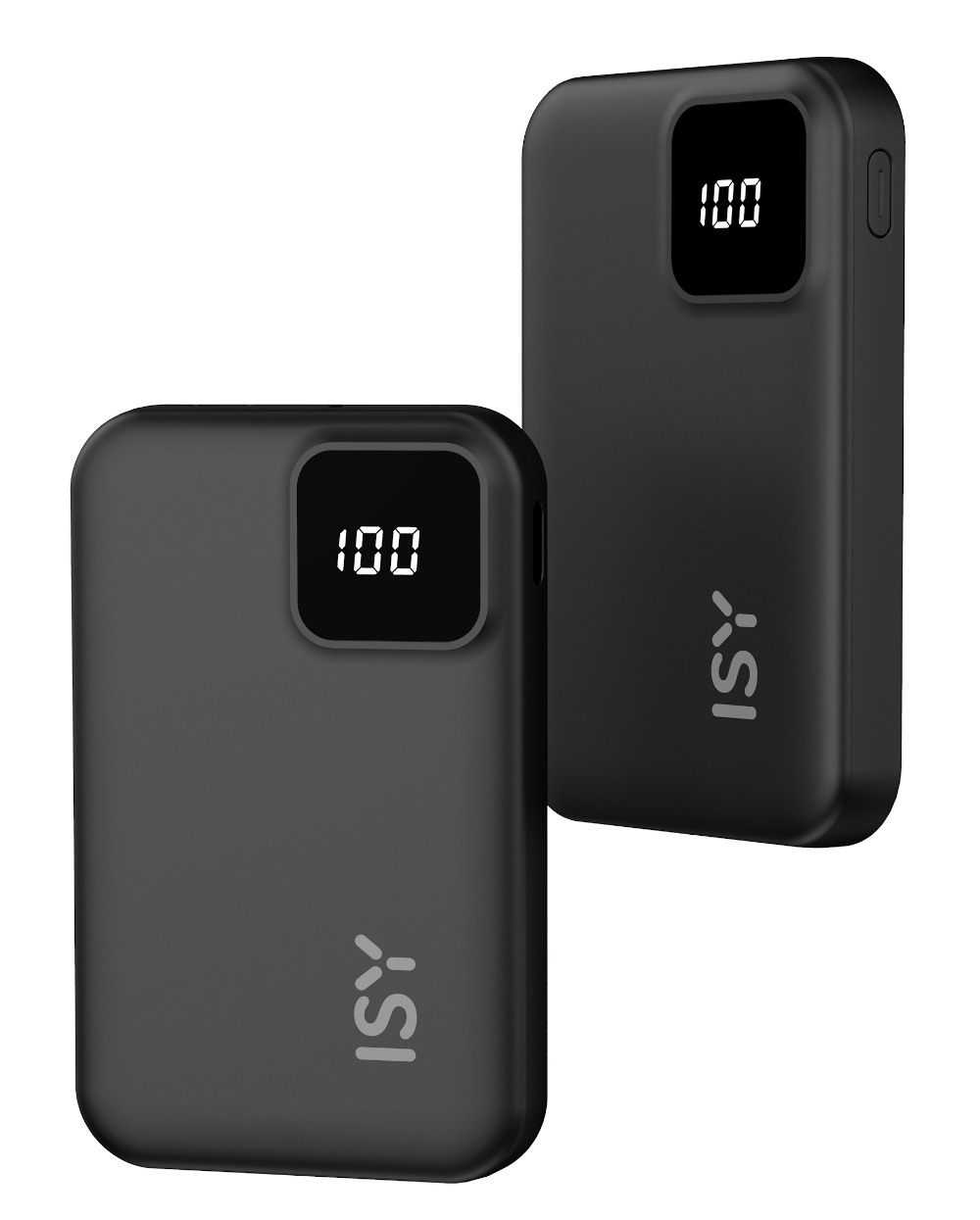 Dwa czarne power banki z cyfrowymi wyświetlaczami pokazującymi '100' na białym tle.