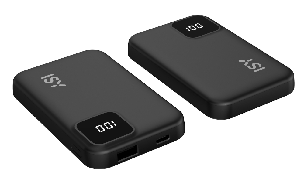 Dwa czarne power banki z wyświetlaczem pokazującym 100. Znajdują się na białym tle.