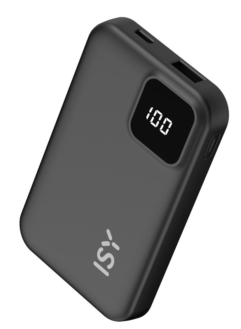 Czarny power bank z wyświetlaczem 100. Logo 'isy' w lewym dolnym rogu.