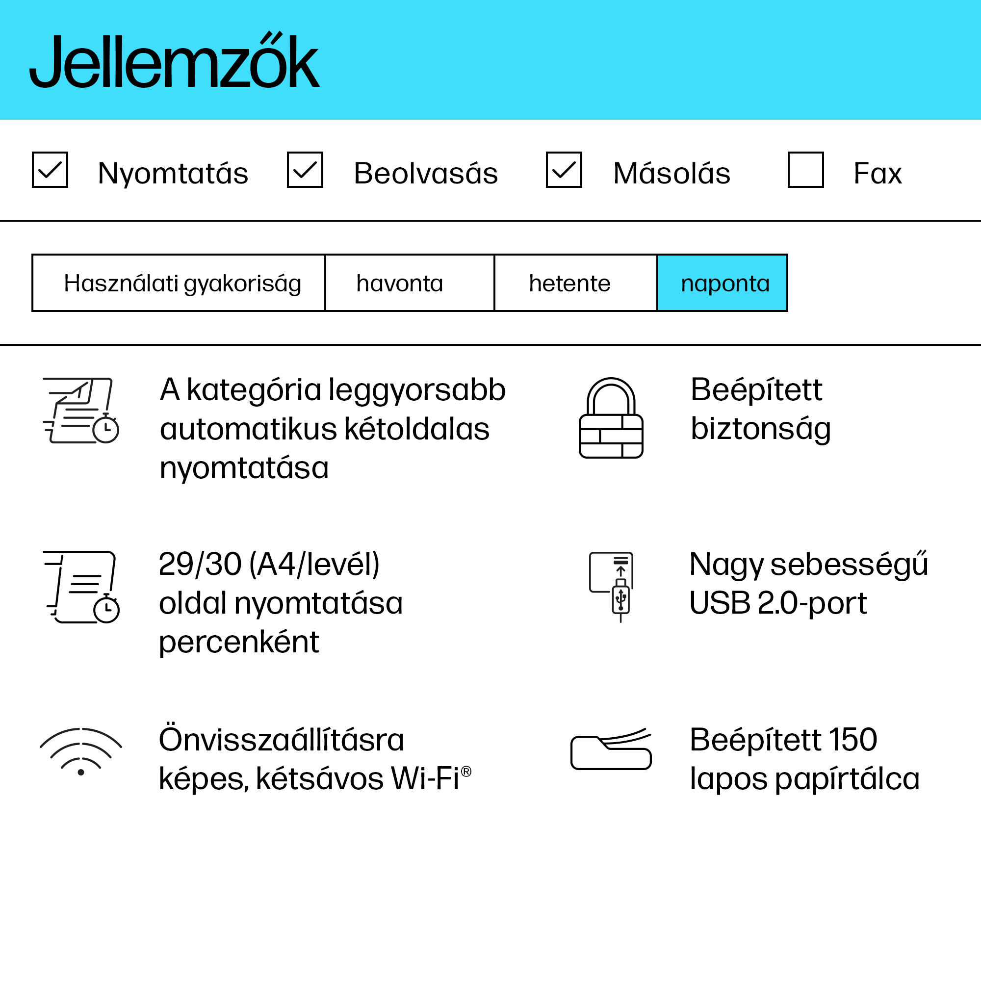 Nyomtatott oldal ikonokkal és szöveggel, mint a nyomtatás, a szkennelés és a másolás.