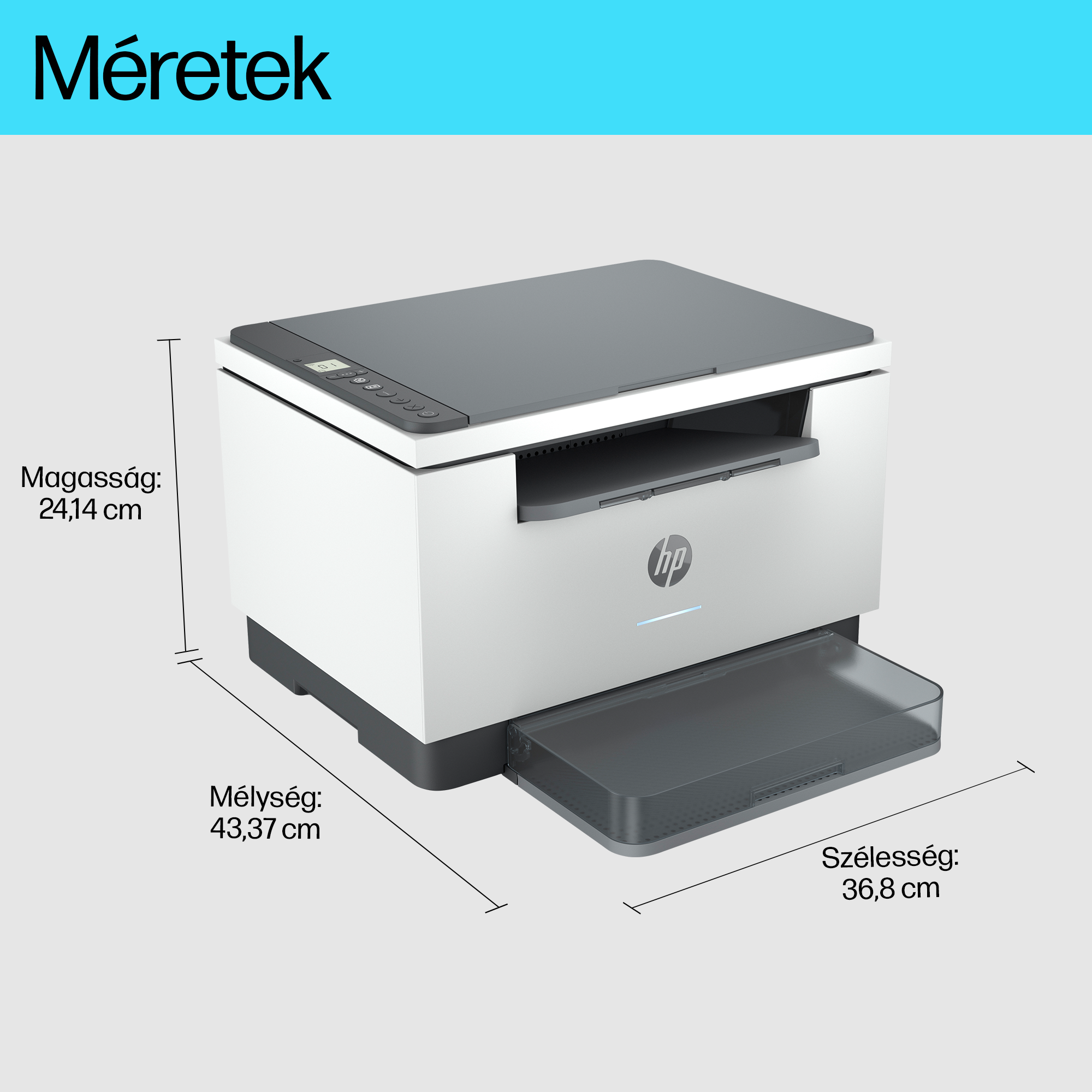 Egy fehér és szürke HP nyomtató, melynek méretei centiméterben vannak megadva.