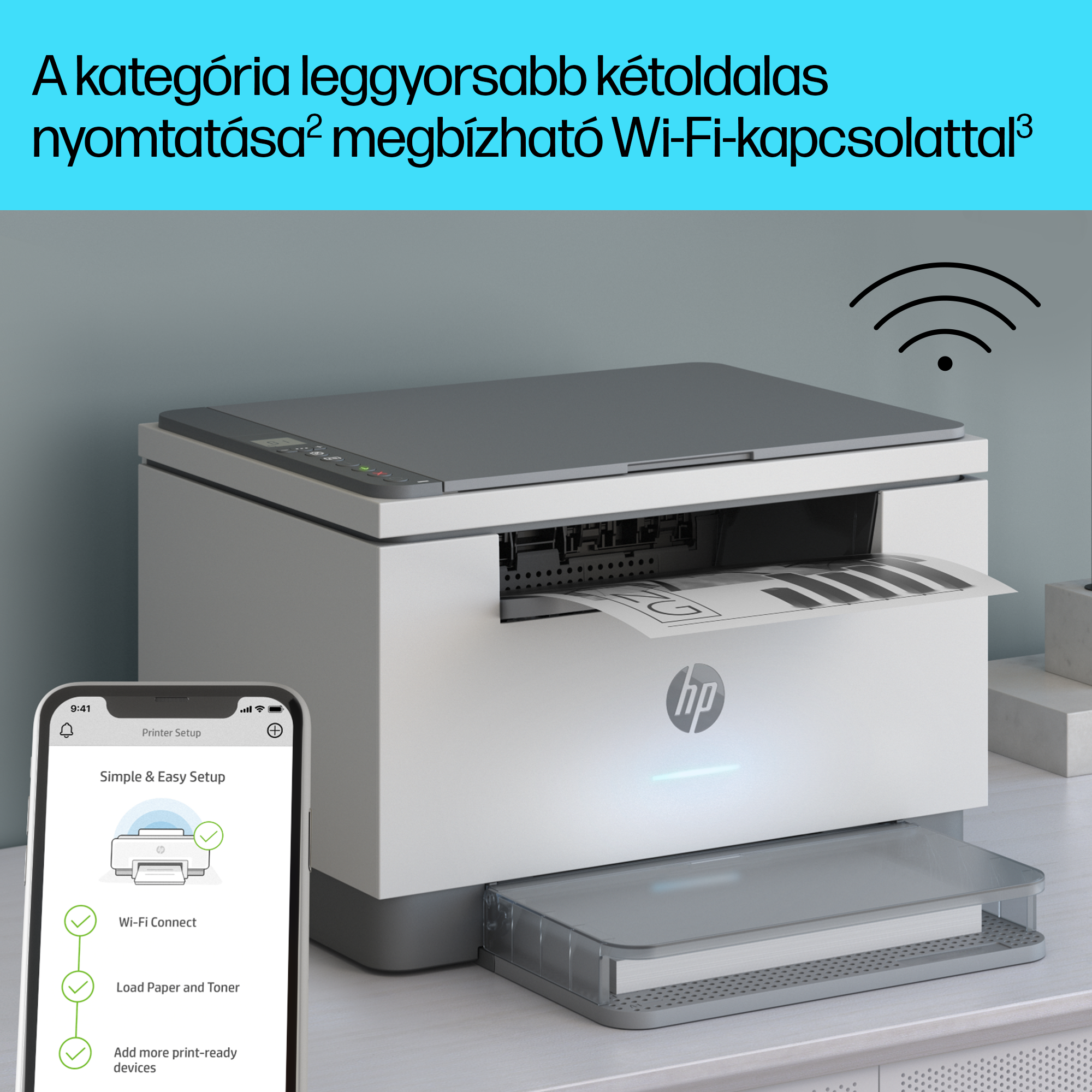 Nyomtató telefonnal, amely a beállítást mutatja. Fehér nyomtató.