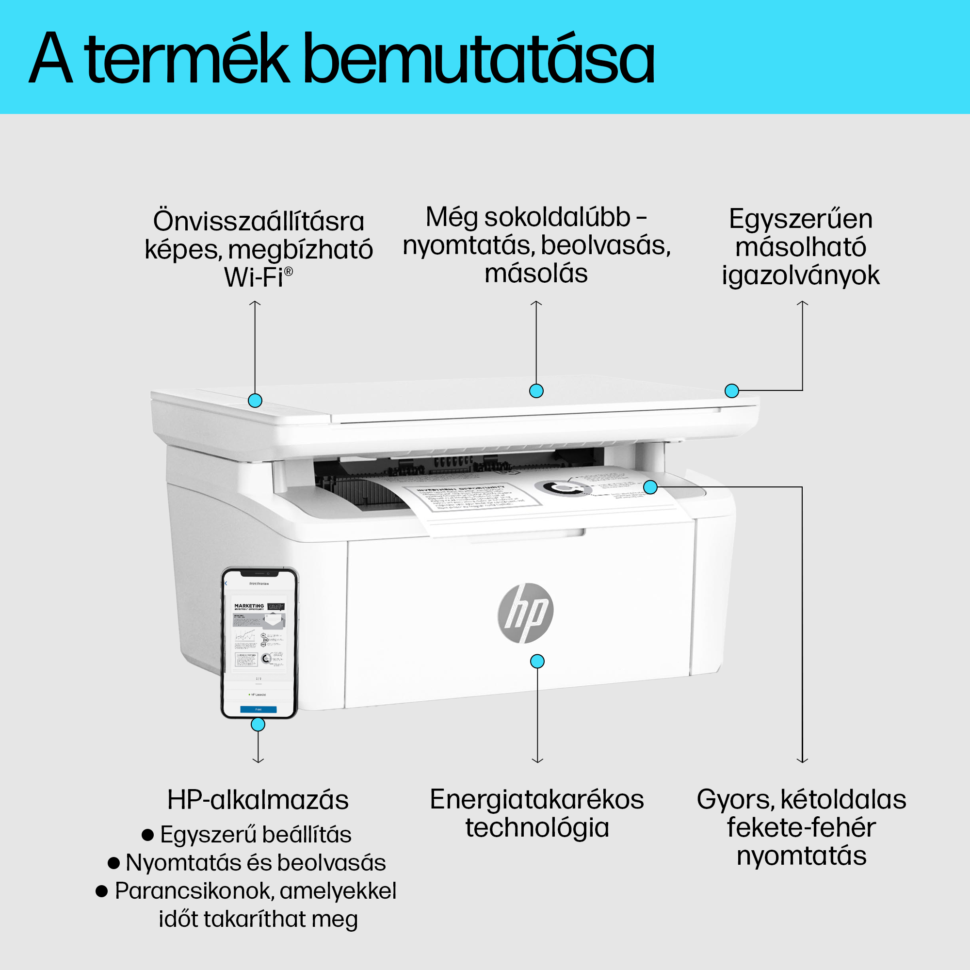 Egy fehér HP nyomtató, amelyen a Wi-Fi-hez és az alkalmazáshasználathoz hasonló funkciók láthatók.