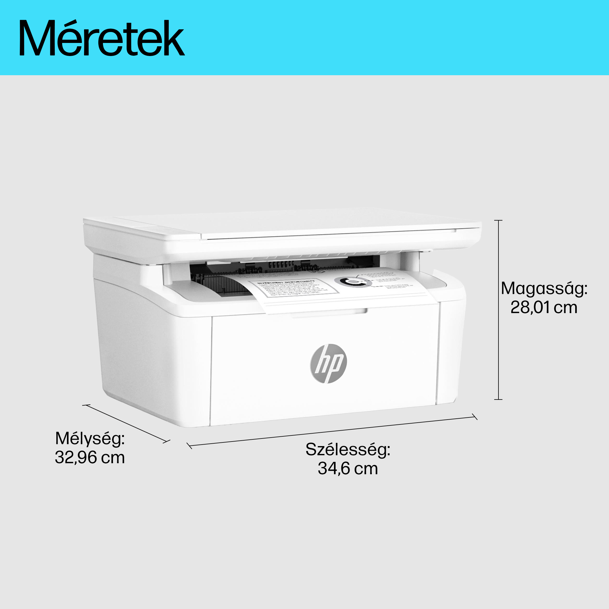 Fehér nyomtató méretekkel és kék háttérrel.