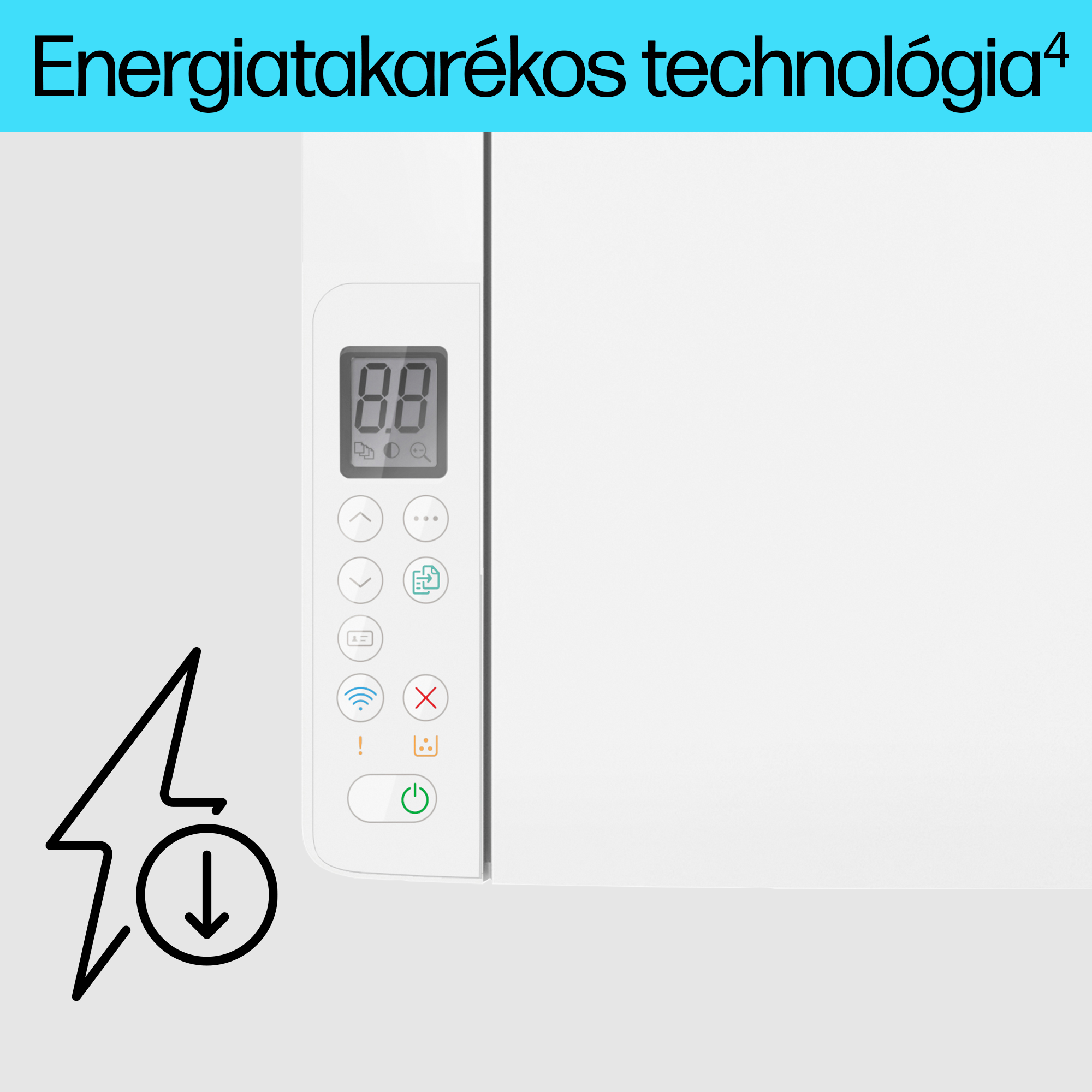 Fehér nyomtató vezérlőpanel kijelzővel és gombokkal. Villám ikon.
