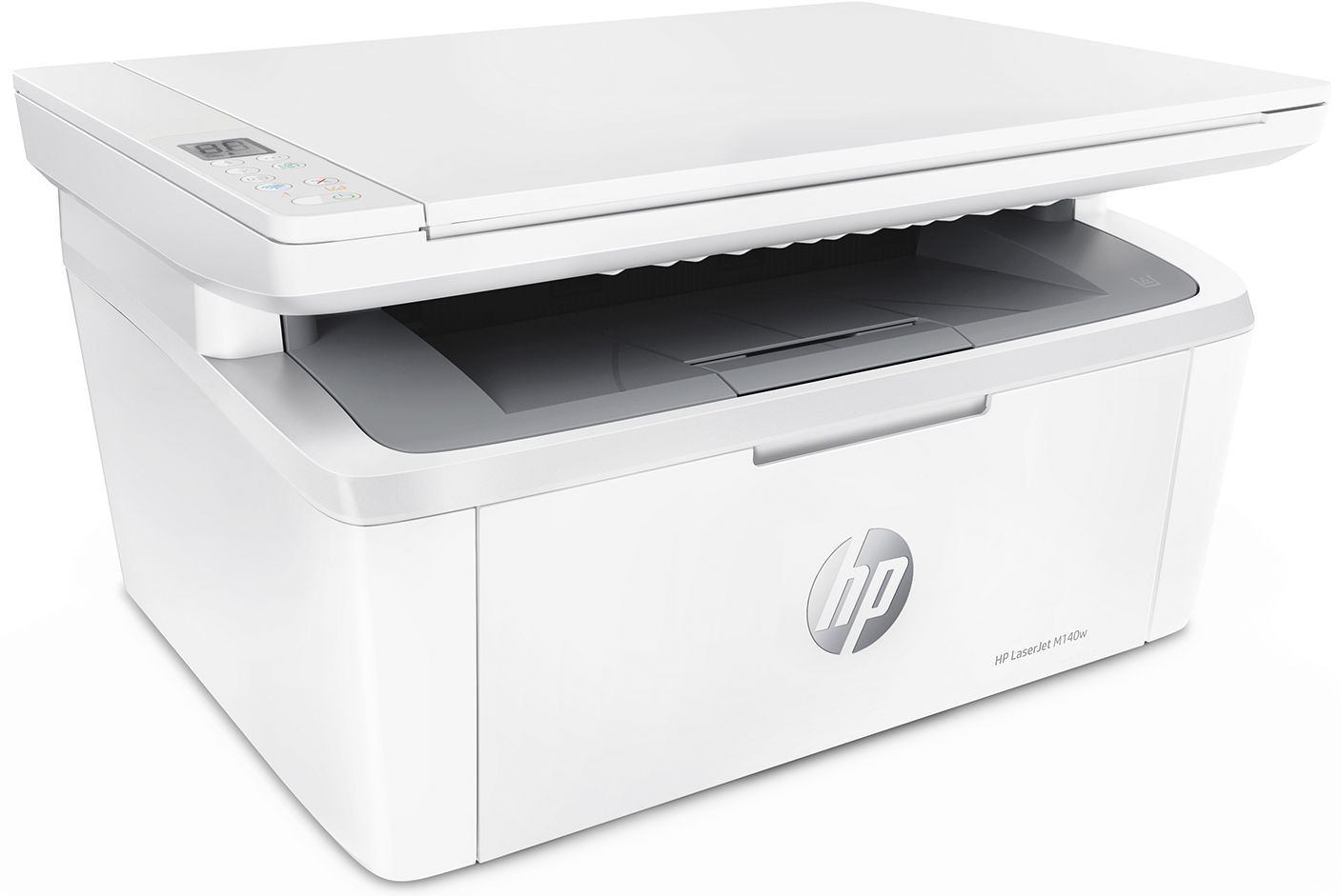 Fehér HP Laser Jet M140we nyomtató. Vezérlőpanel felül, HP logó látható.