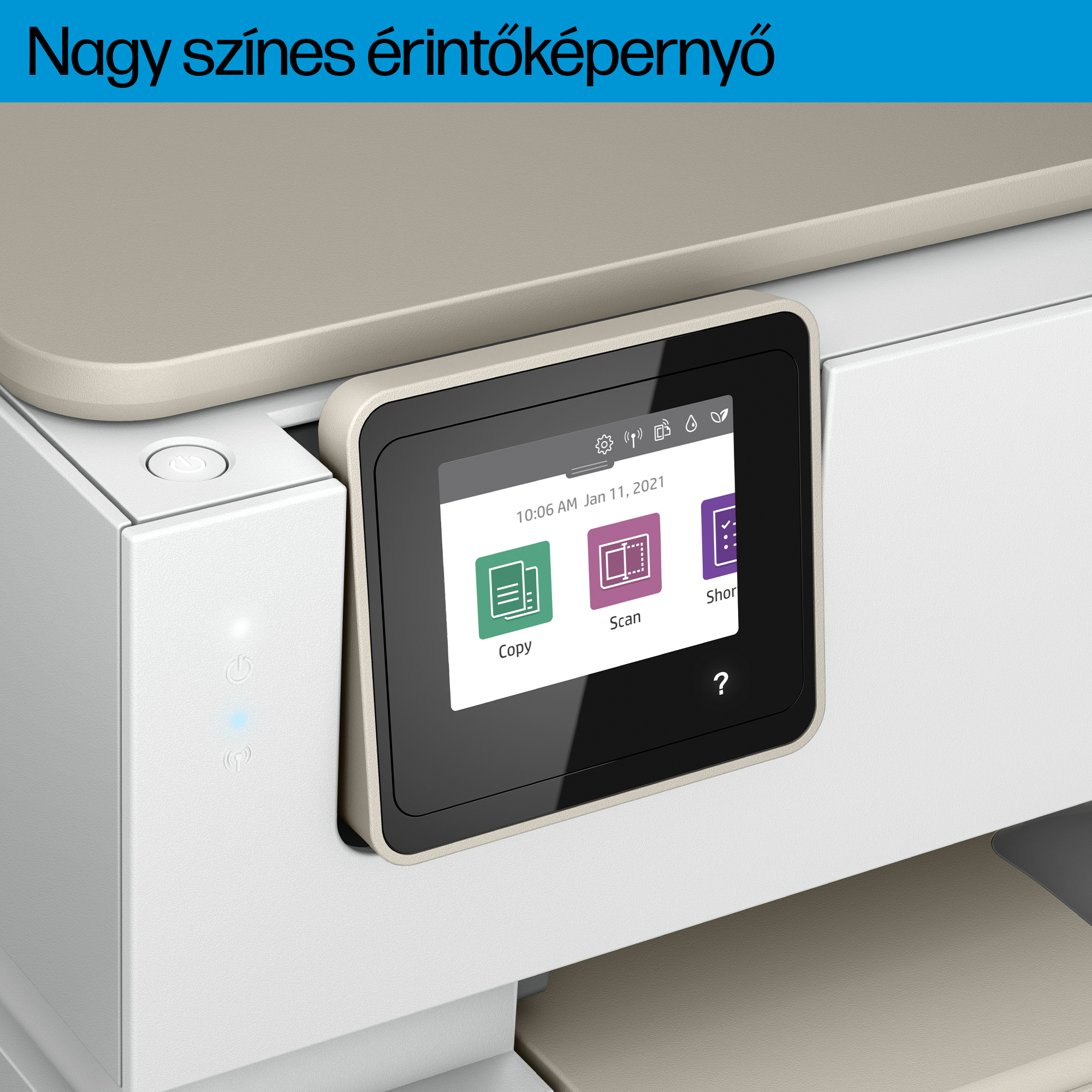 Közelkép egy nyomtató érintőképernyős felületéről, másolási, szkennelési és parancsikon-opciókkal.