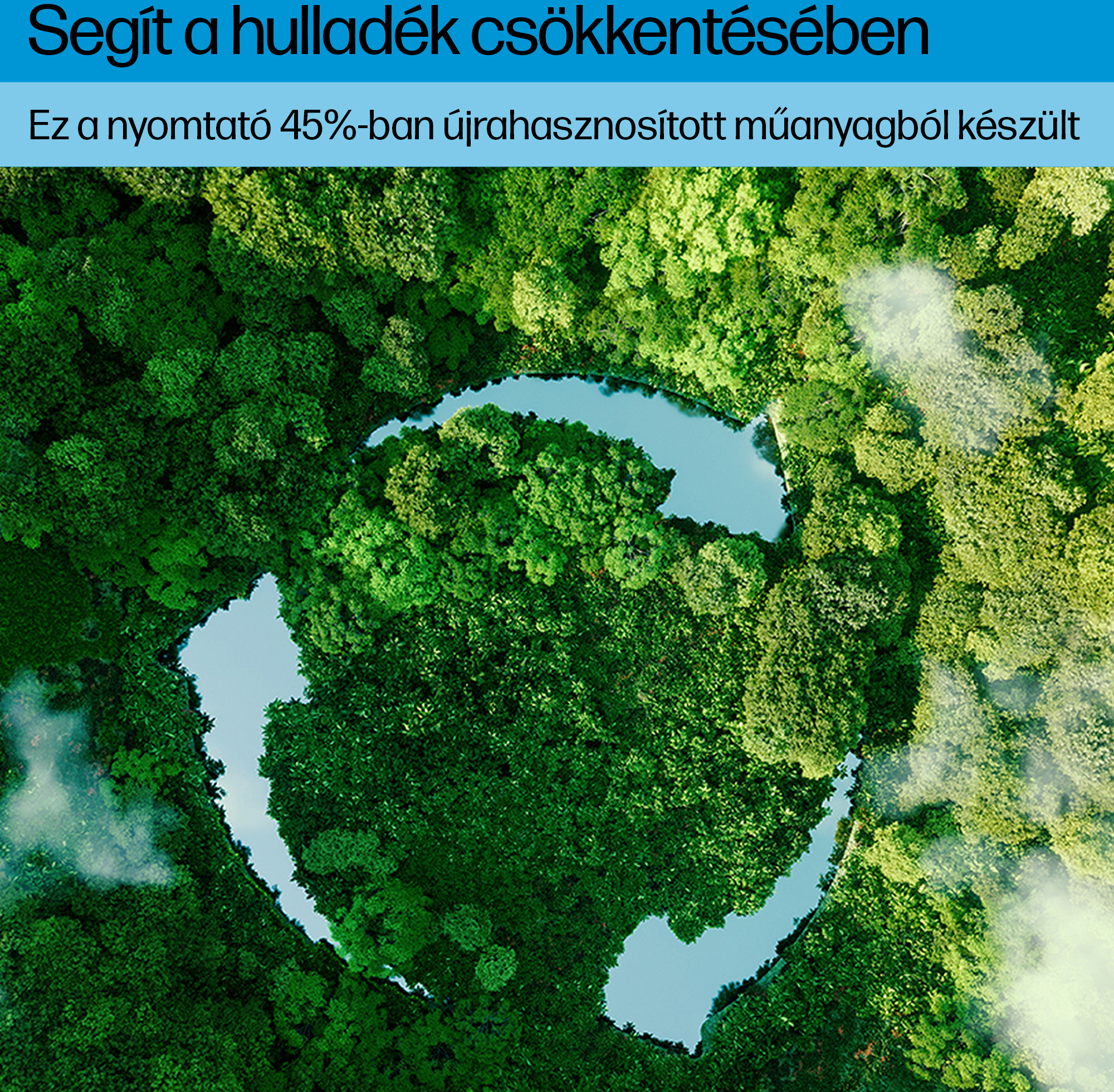 Légifelvétel egy erdőről, amely egy tavat vesz körül, magyar szöveggel.