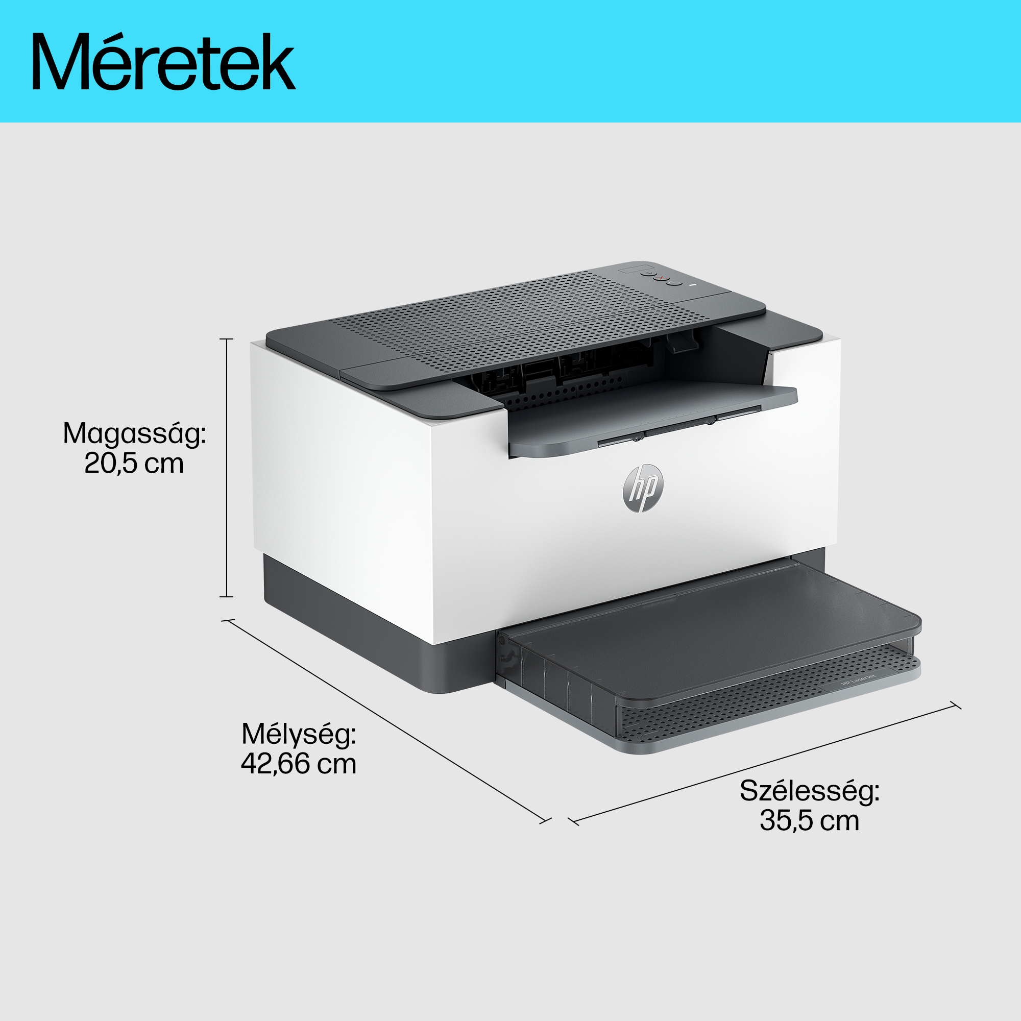 Fehér és szürke HP nyomtató méretekkel. Magyar nyelvű szöveg. A méretek láthatók.