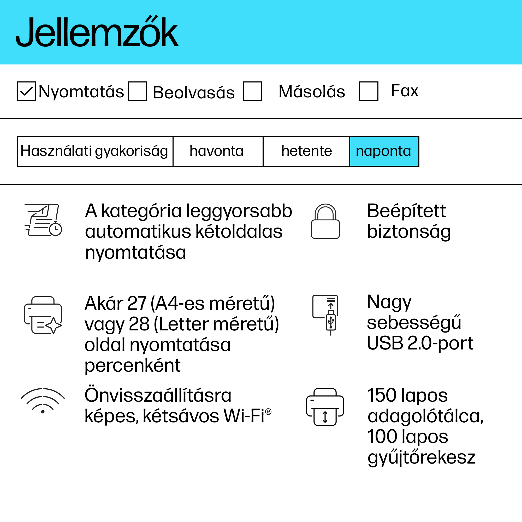 Egy dokumentum szöveggel és ikonokkal, különféle nyomtató funkciókat mutatva.