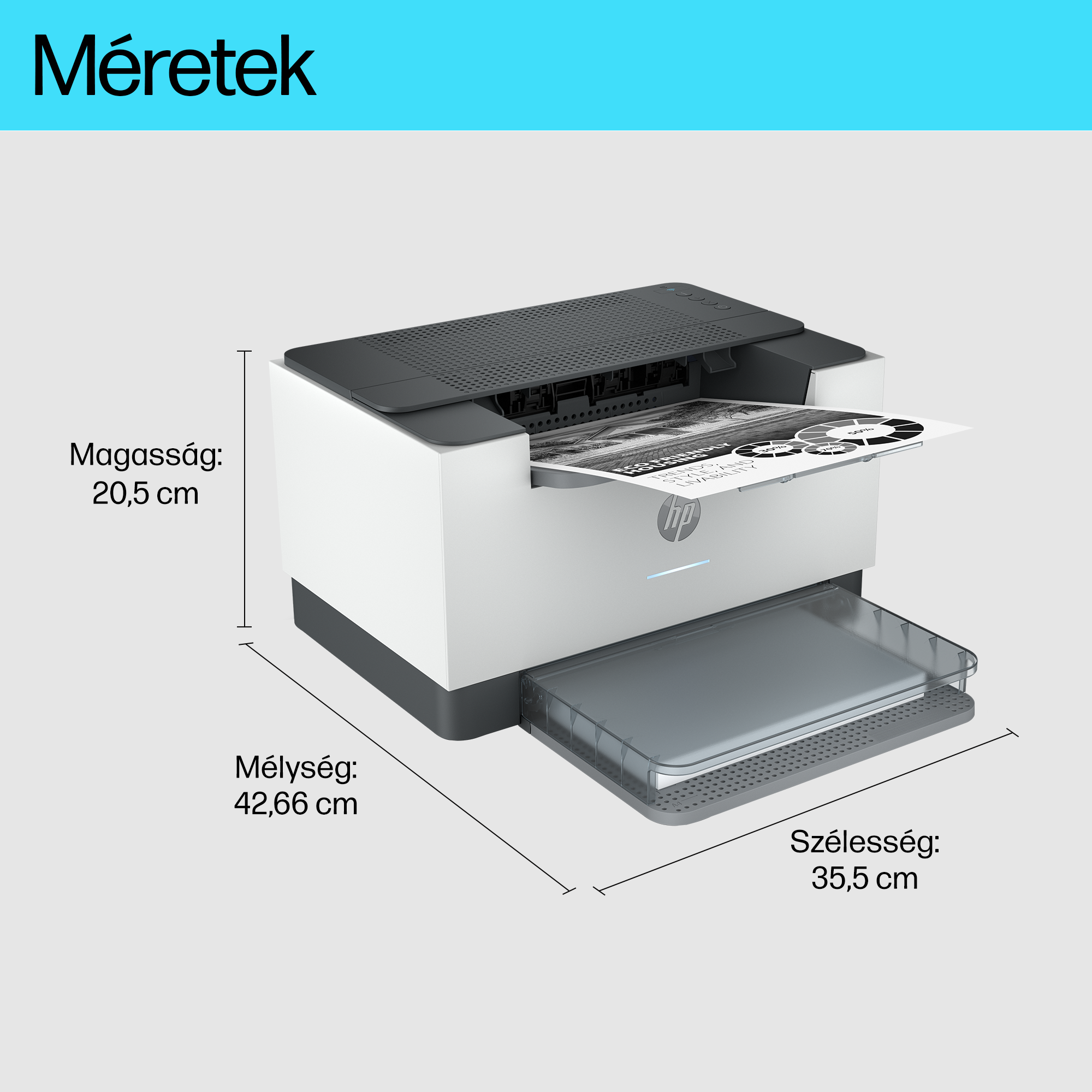 Fehér és szürke HP nyomtató, méretekkel, szürke háttéren.
