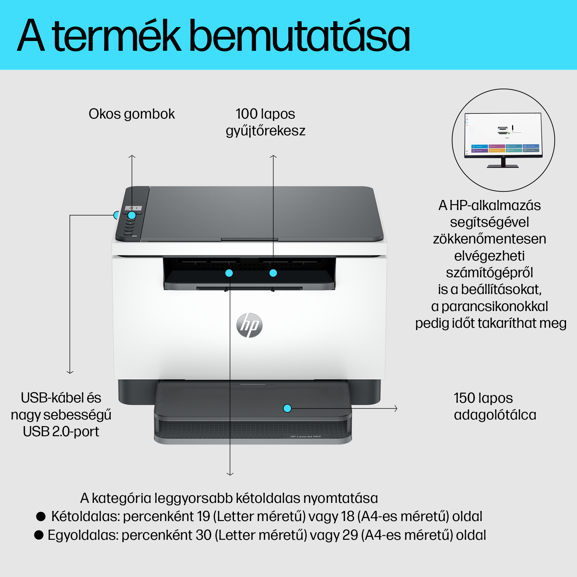 Nyomtató feliratozott funkciókkal, beleértve az okos gombokat, a papírtálcát, az USB portot és a HP logót.