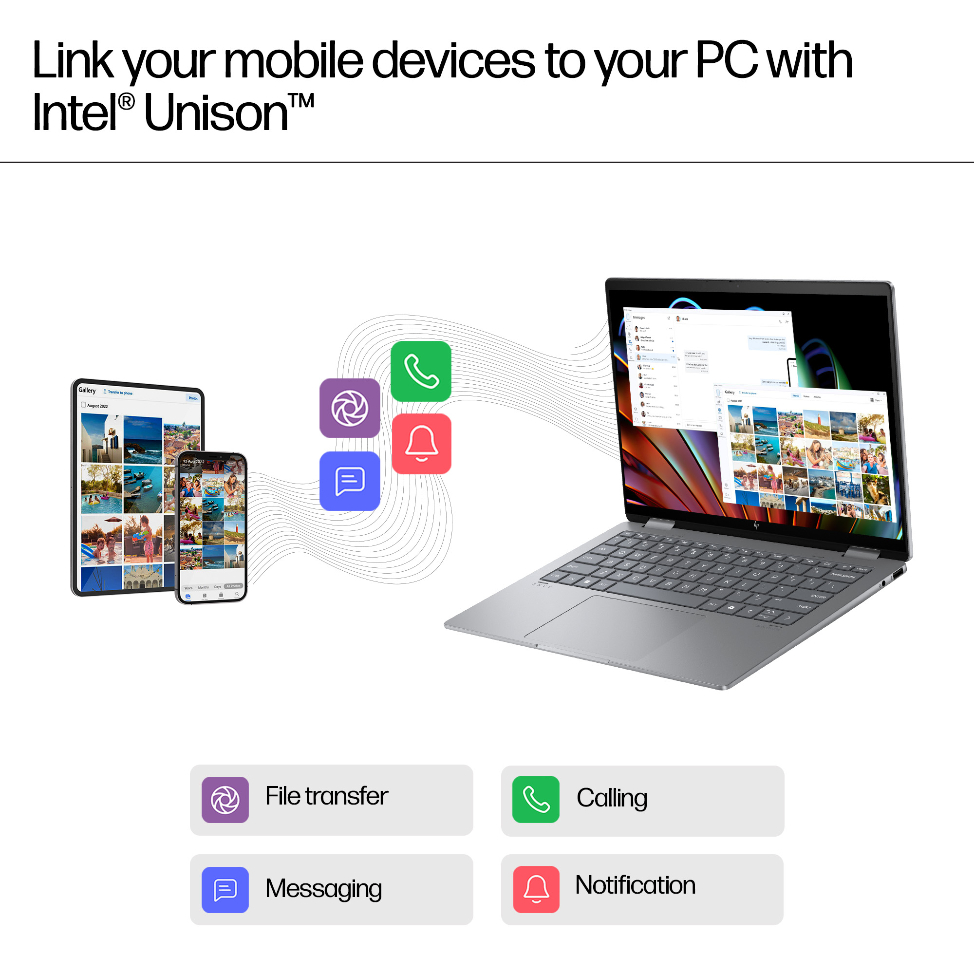 Laptop és mobileszközök Intel Unison-nal fájlátvitelhez, híváshoz, üzenetekhez, értesítésekhez.