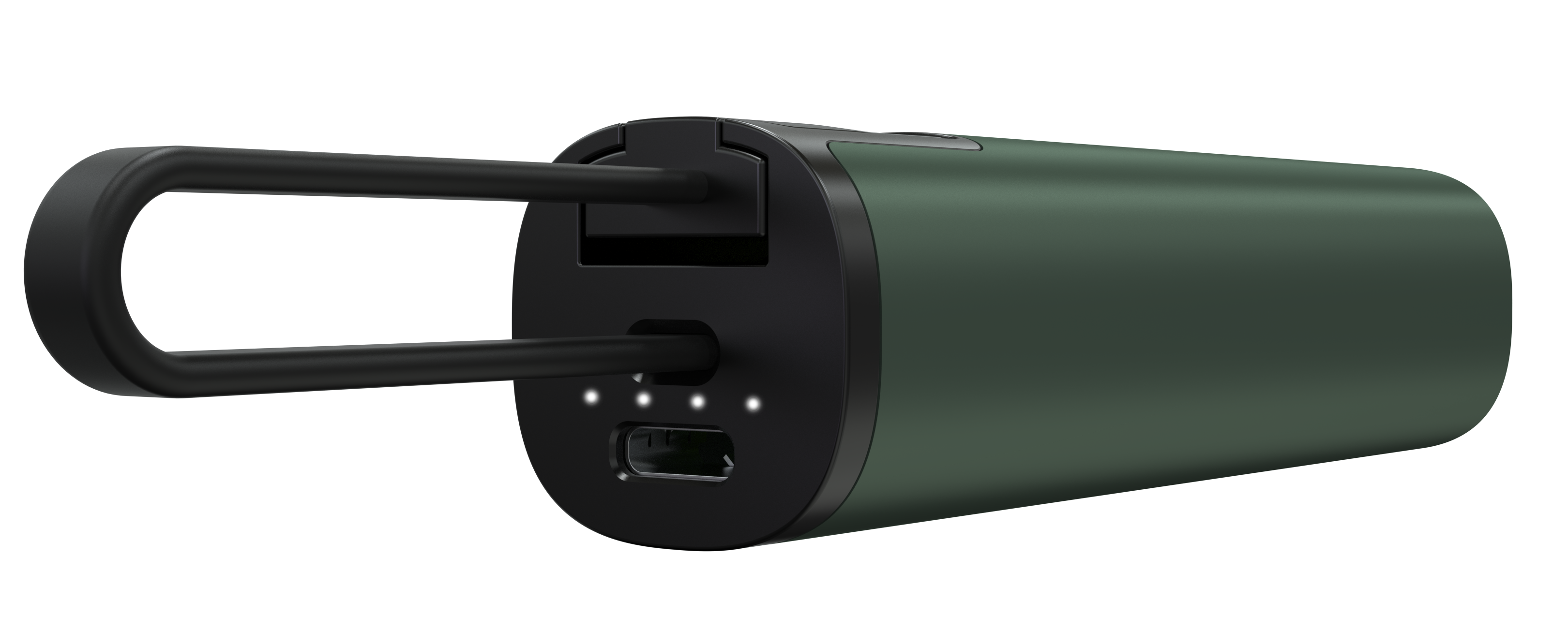 Zielony power bank z czarnym uchwytem i wieloma portami ładowania.