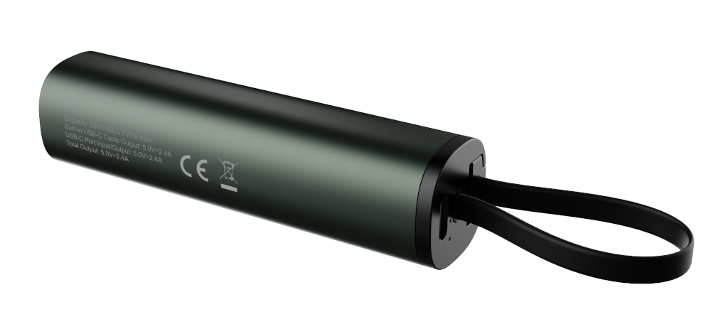 Ciemnozielony cylindryczny power bank z czarnym paskiem i tekstem na obudowie.