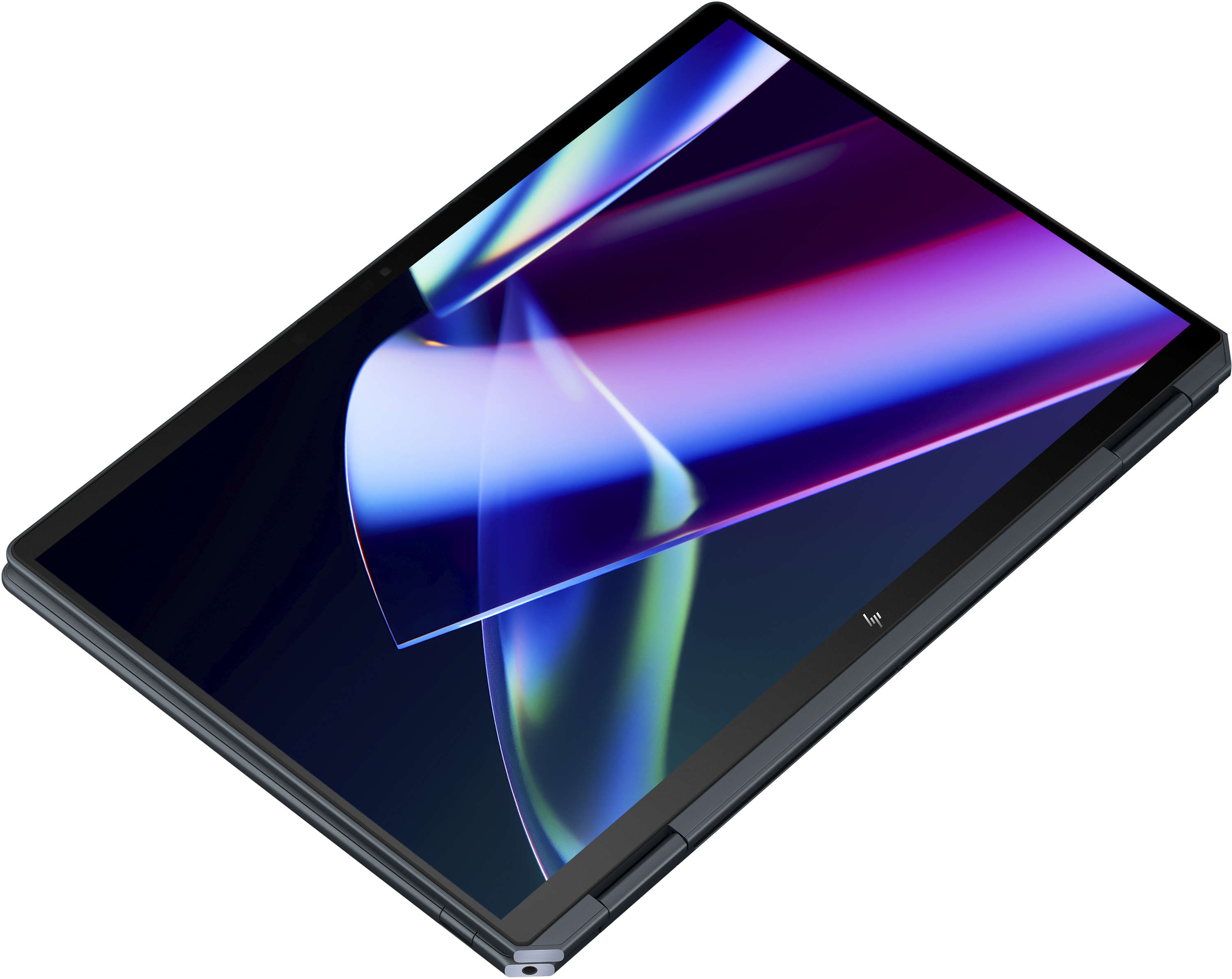 Ezüst laptop színes kijelzővel. A képernyő absztrakt művészetet mutat. A laptop nyitva van.