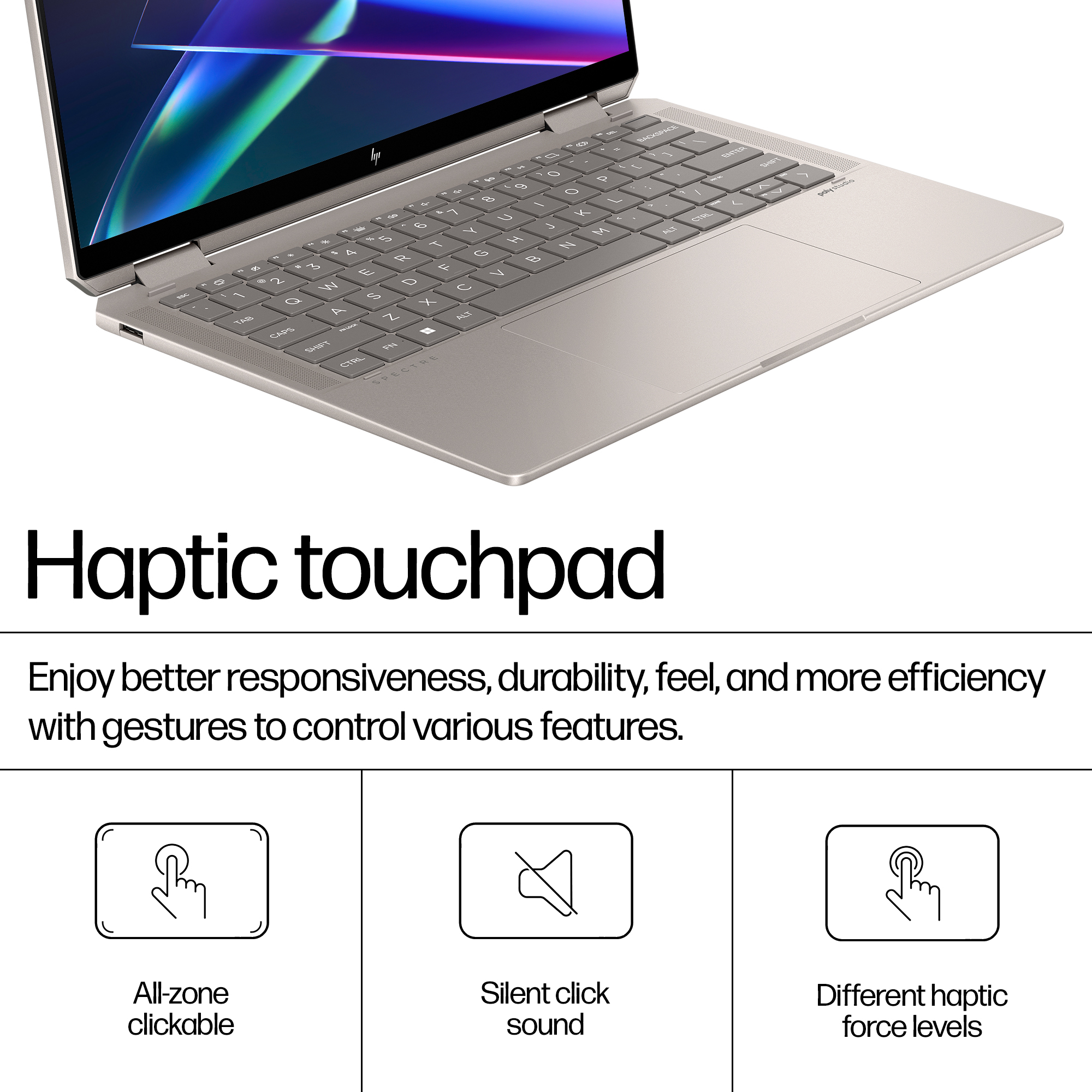 Laptop haptikus érintőpaddal. Jellemzők: minden zónában kattintható, csendes kattintás, különböző erősségi szintek.