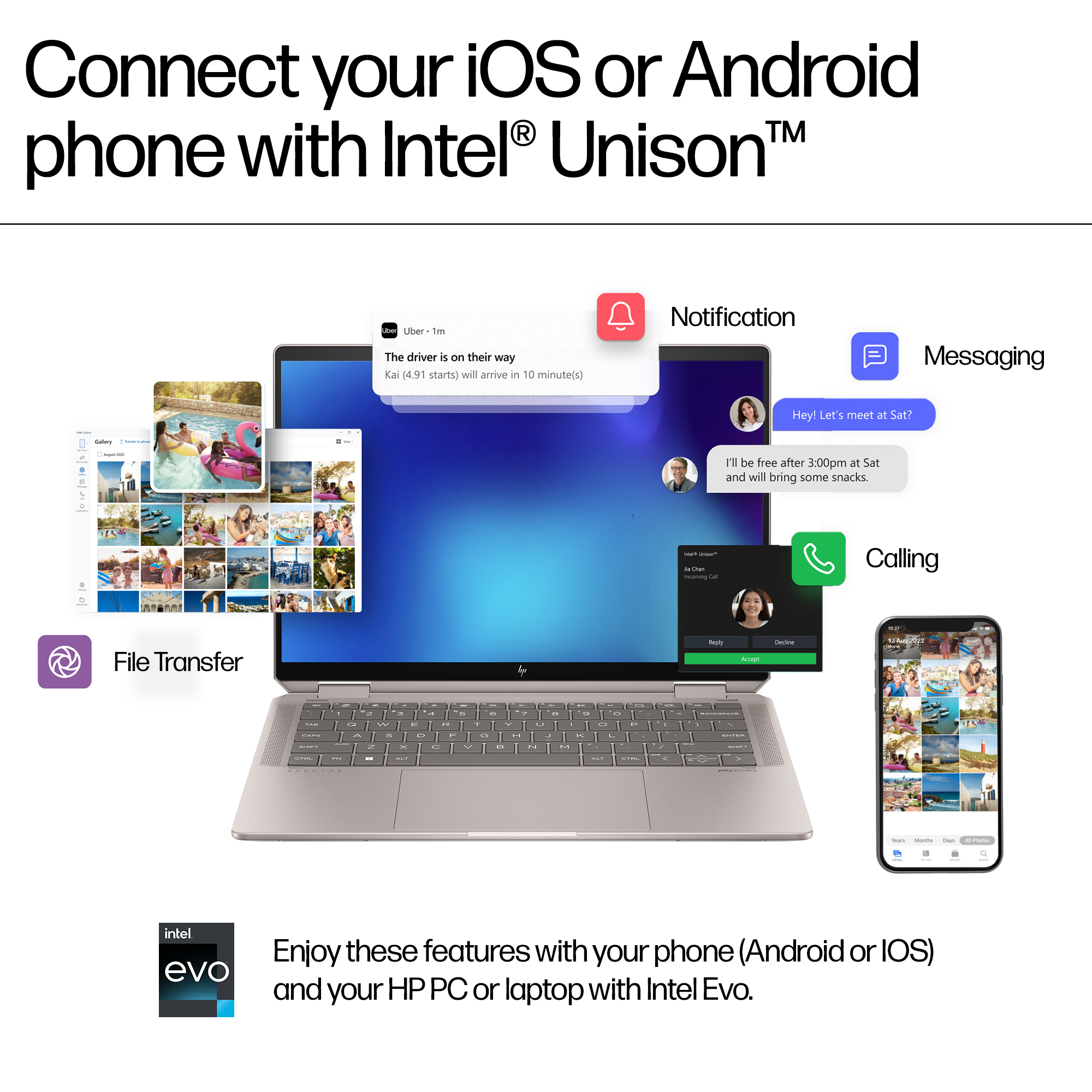Laptop, amely telefon funkciókat jelenít meg: értesítések, üzenetküldés és hívás. Ikonok és egy telefon jobbra.