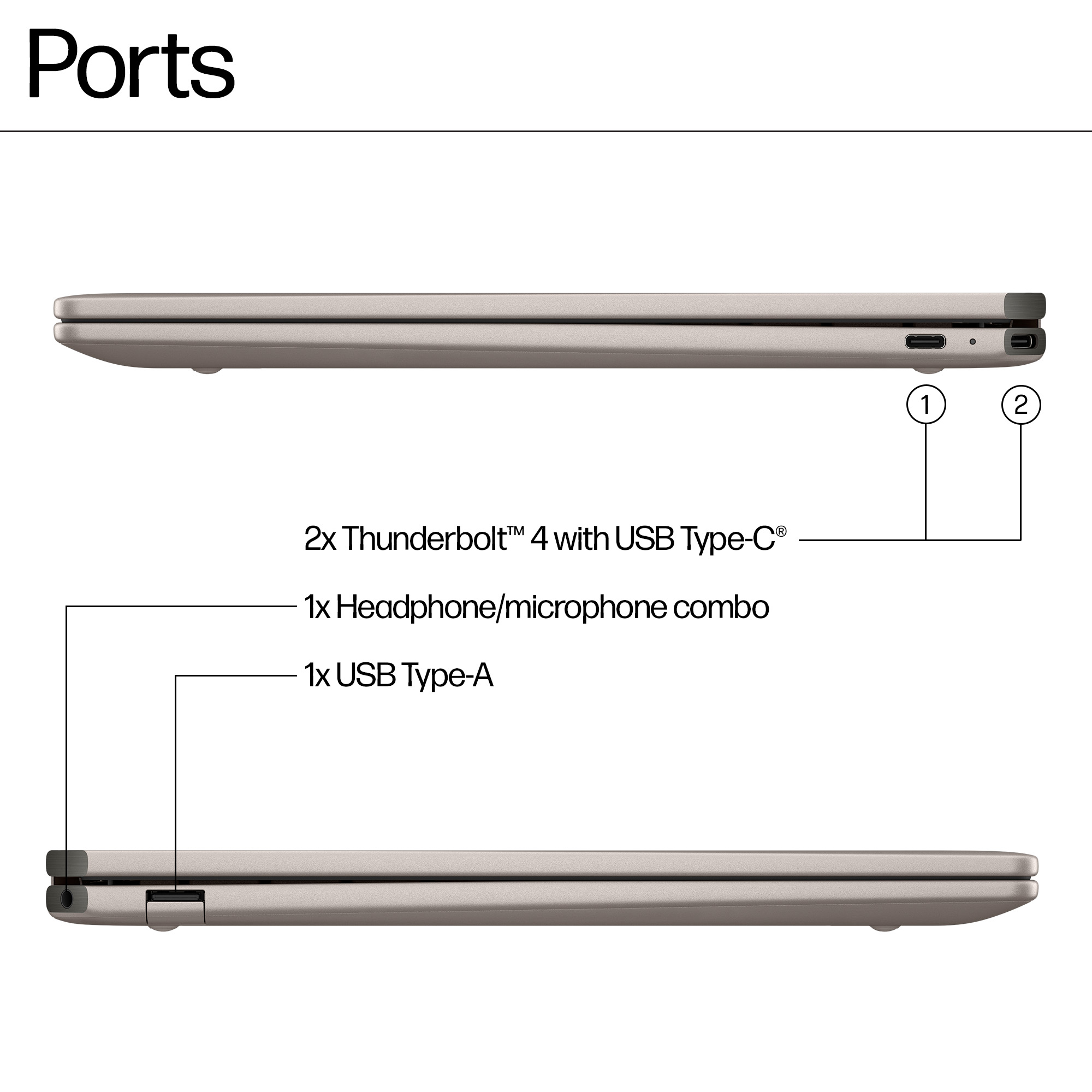 Laptop portok részlete. Két Thunderbolt port és egy fejhallgató/mikrofon kombináció, valamint USB portok.