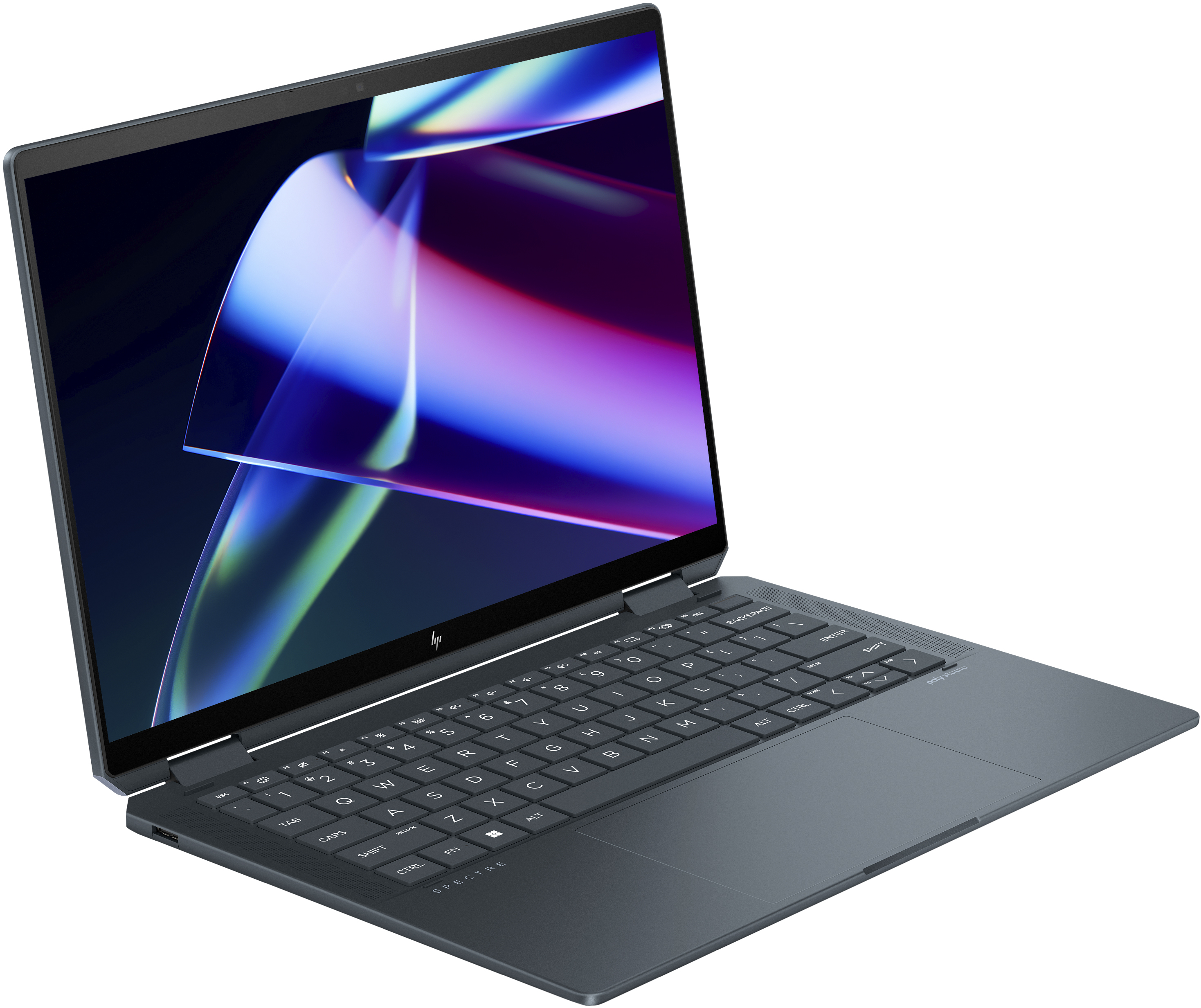 Sötétszürke laptop nyitott képernyővel, színes absztrakt képpel.